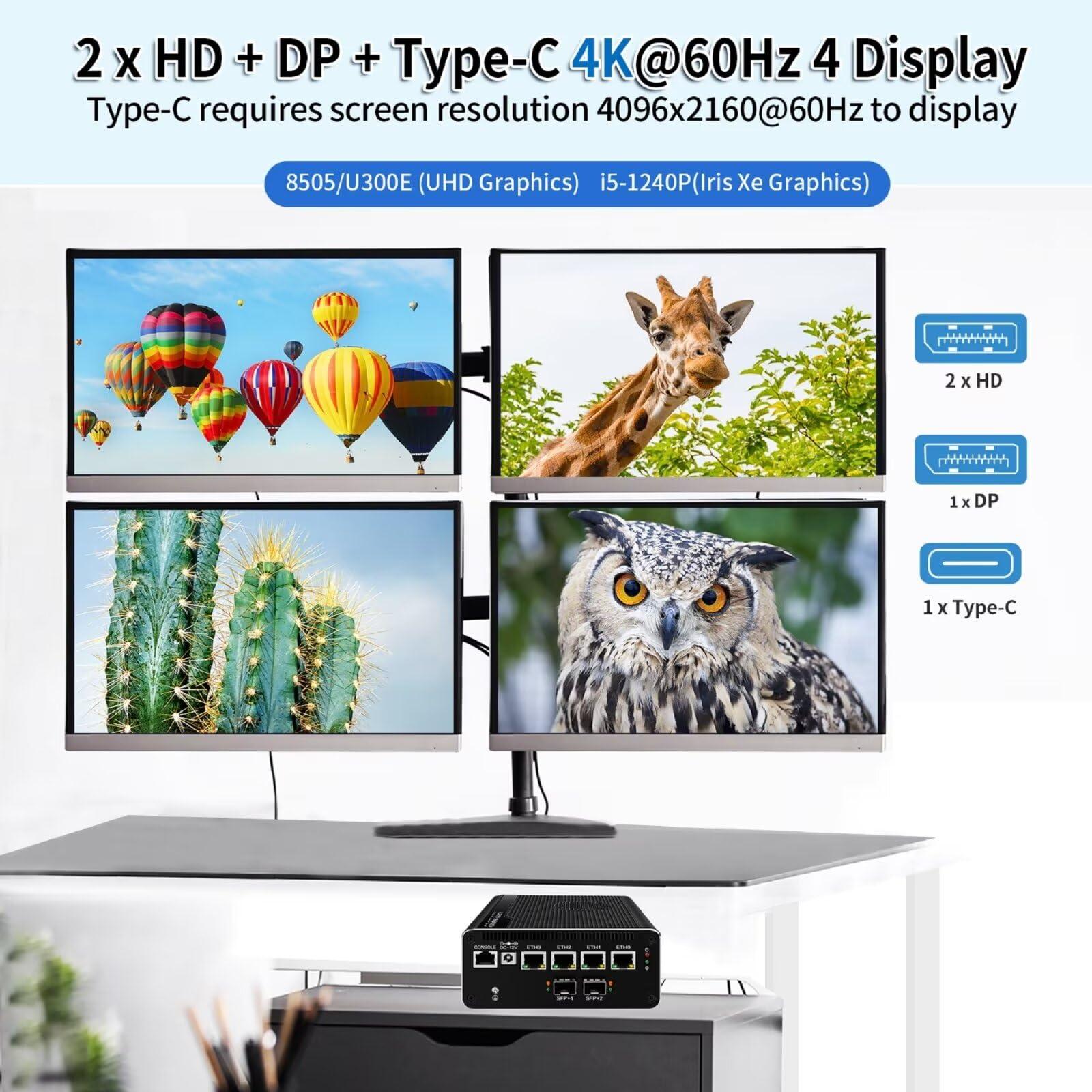 Glovary Glovary Firewall Appliance Dual 10GbE SFP+ U300E, 4 x i226V 2.5GbE LAN Mini PC Router, DDR5 16GB RAM 256GB NVMe SSD, Micro Router Computer, 10Gbit TypeC Port, Windows 11 Pro, OPNsense