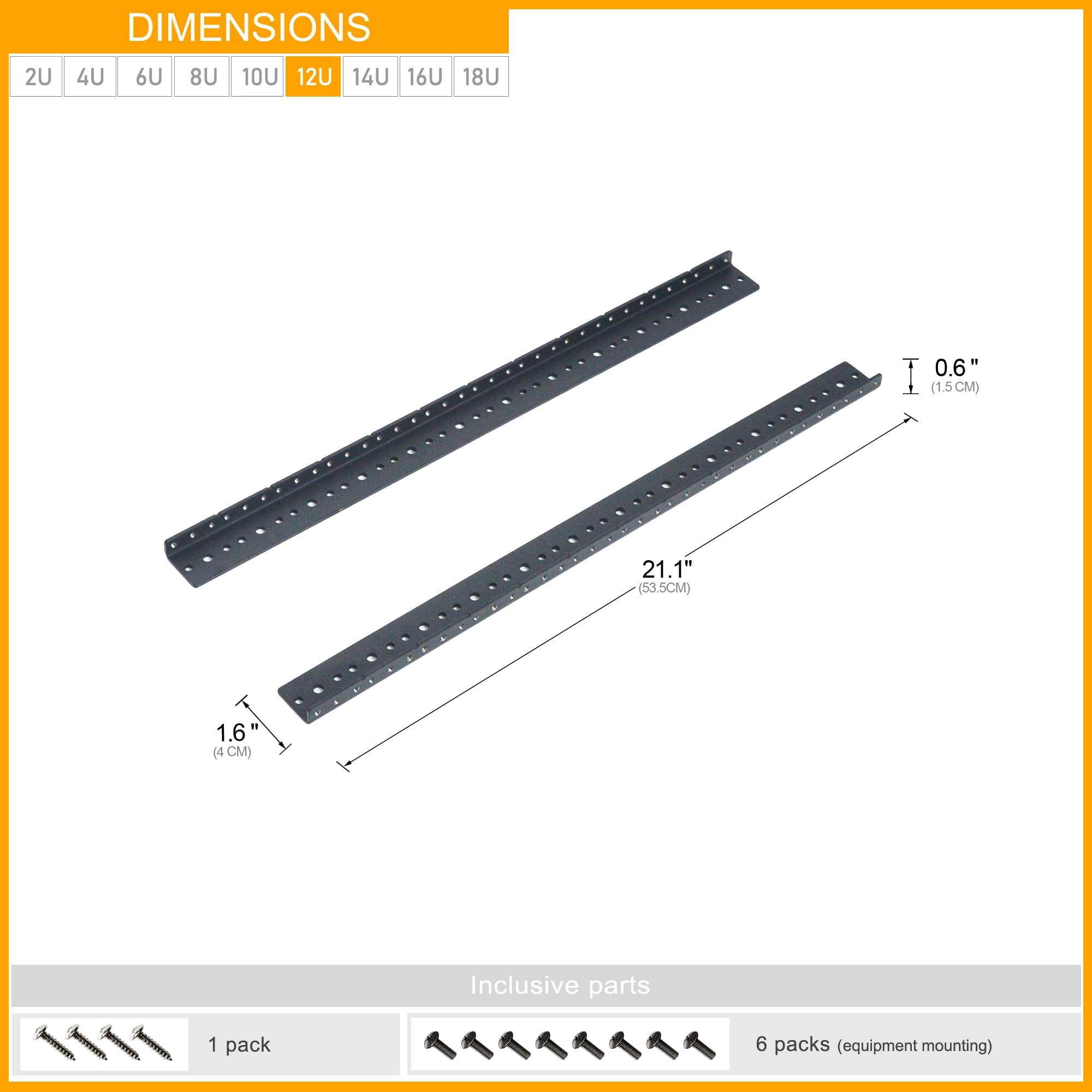RIVECO RIVECO 12U Rack Rails 2 PCS, Tapered Holes Horizontal & Vertical Rackmount Rails for Recording & Network Wooden Cabinet Mounting, 3.0 mm Thickness Steel Heavy Duty, Screws Included