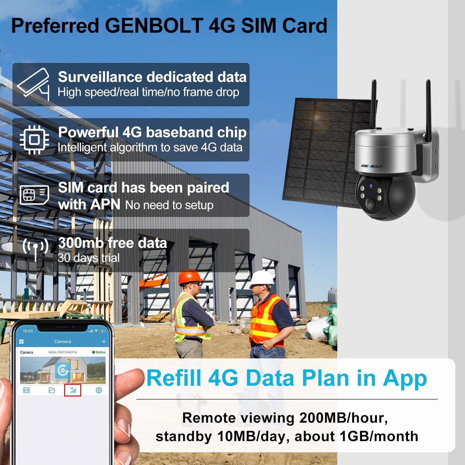 GENBOLT GENBOLT 4g LTE Cellular Security Camera Wireless 2K, 6W 12000mAh Battery Operated Surveillance Camera No WiFi, PTZ IP Camera System with SIM Card Cellular, PIR Siren Alarm Humanoid Detection