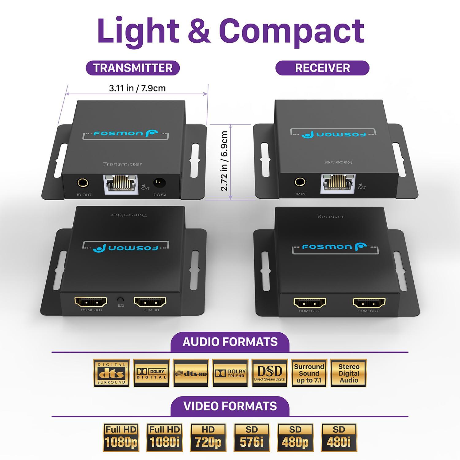 Fosmon Fosmon HDMI Extender Over Single Cat5/6/7 Cable up to 164-230ft, Splitter with Auto EQ, POC, 1080P 60Hz and IR Remote Control
