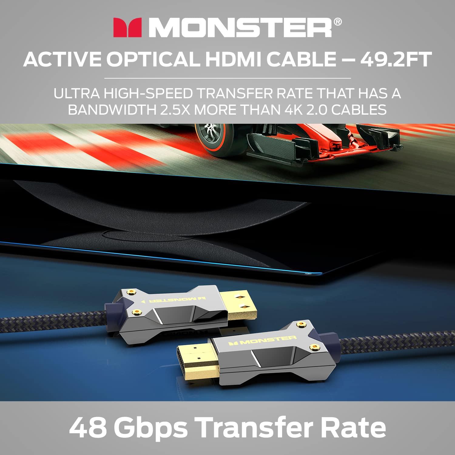 Monster Monster M-Series Active Optical Cable Lightwave Certified Premium HDMI 2.1-48 Gbps Cable with Aluminum Extrusion Connector, V-Grip, Duraflex Protective Jacket - Supports 8K @ 60HZ, 4K @ 120HZ, 49.2 FT