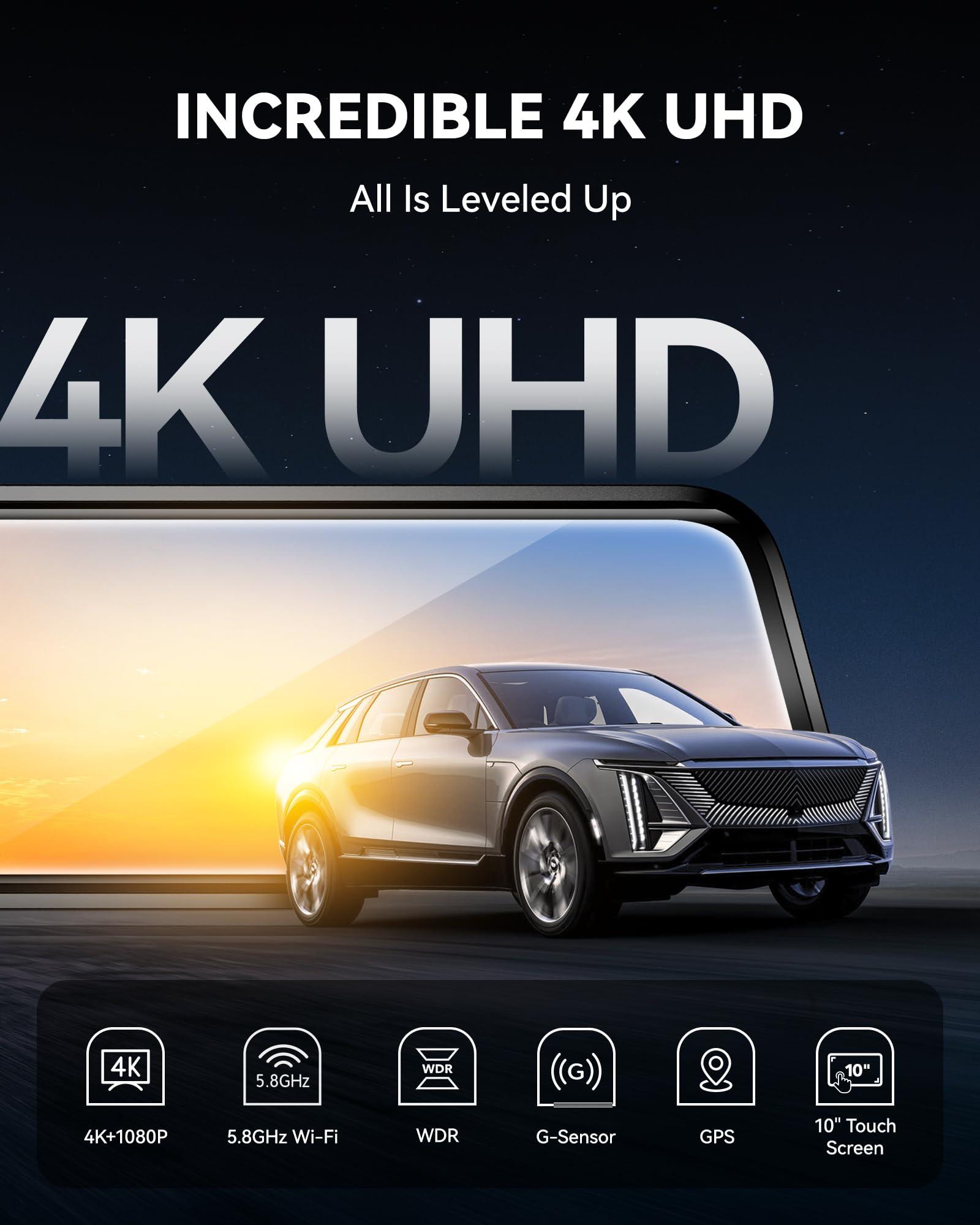 WOLFBOX WOLFBOX G930 10'' Rear View Mirror Camera with 5.8GHz WiFi, 4K Dash Cam Front and Rear with WDR, Touch Screen Rearview Mirror Backup Camera, Parking Monitor, Reverse Assist, Includes 64GB Card & GPS