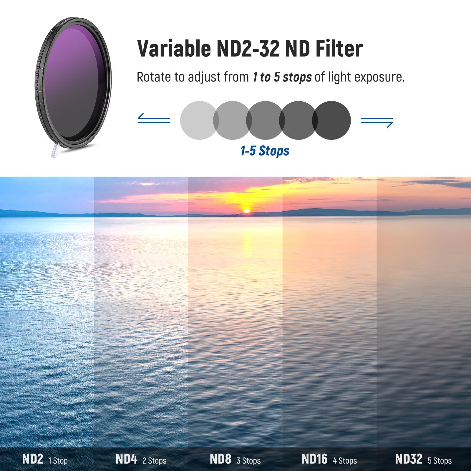 NEEWER NEEWER HD True Colors 77mm Variable ND Filter ND2-512 (1-9 Stops), VND Filter & Magnetic ND32 Lens Filter, Multi Coated Neutral Density Filter, No Color Shift/No X Cross/No Vignetting