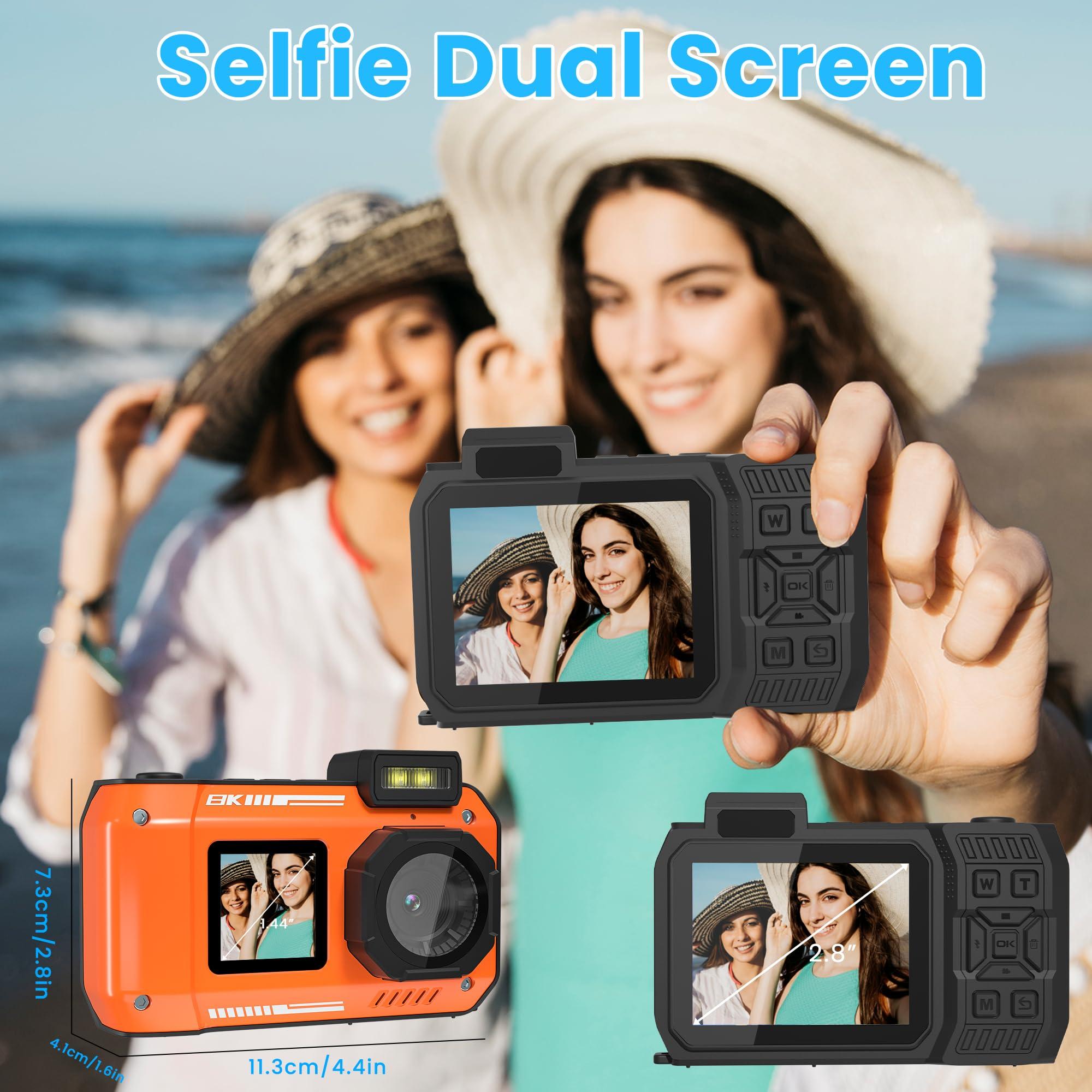 KitkidKind 8K 70MP Digital Camera with 64G Card 33FT Underwater Camera Waterproof Camera Rugged Dustproof Shockproof for Snorkeling 18X Zoom Autofocus Selfie Dual-Screen Camera Snorkeling Point and Shoot Camera