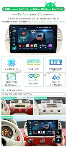 ASURE ASURE 9 inch Car Stereo Radio Upgrade for Fiat 500 500C 2007-2015 White,8Core 4G+64G Android System Car in-Dash GPS Navigation Unit with Carplay Android Auto,1280x720 Touchscreen Multimedia Player