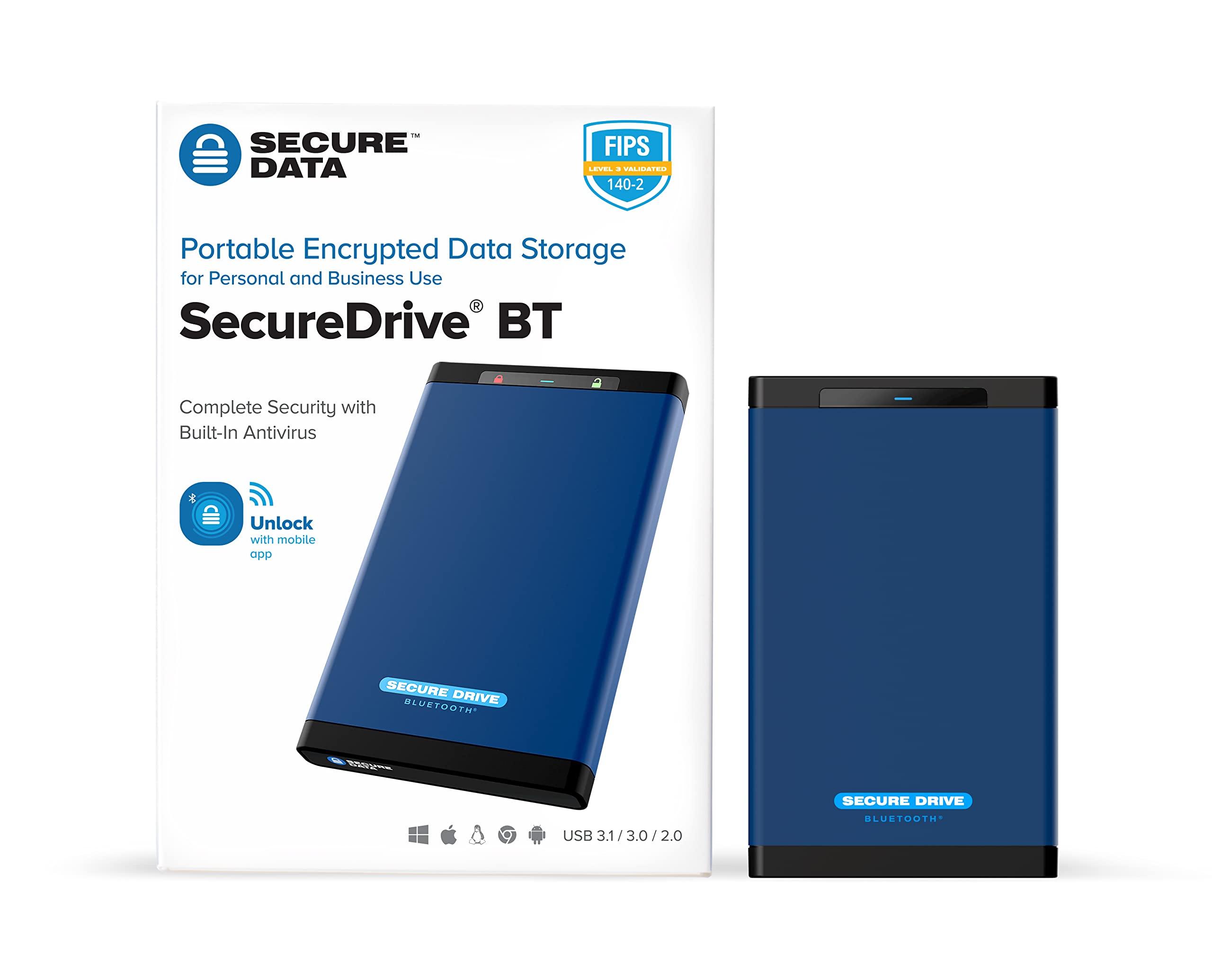 ClevX SecureData SecureDrive BT 2TB Hardware Encrypted USB 3.0 Ext Drive FIPS 140-2 Level 3 Unlock via Phone app TAA Compliant, CJIS, HIPAA, CMMC, GDPR Compliant, Works with Mac and Win Free AV