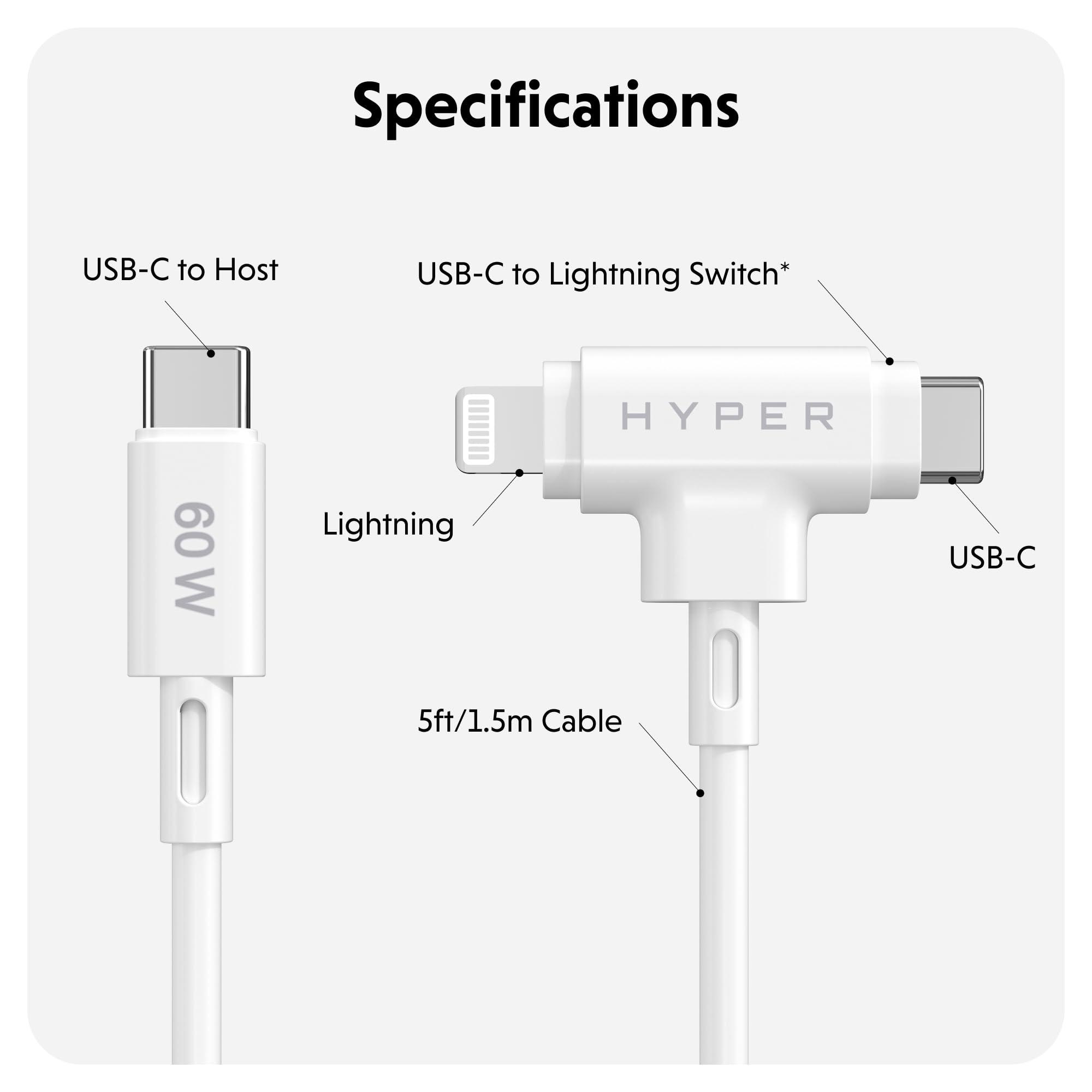 Hyper HyperJuice USB C and Lightning Cable - Silicone Hybrid Lightning Cable w/ 60W Charging, Apple MFi Certified, Durable, Tangle-Free USB C and Lightning Cable 2 in 1 Design for Laptops & Phones