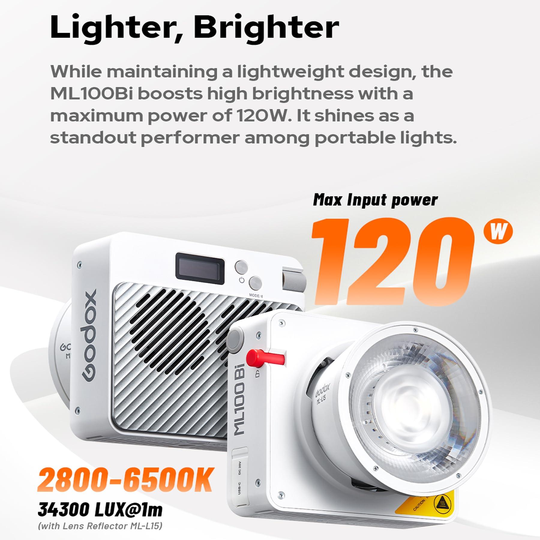 GODOX Godox ML100Bi 120W Portable LED Video Light, Bi-Color 2800-6500K, CRI97 TLCI98, 11 FX Light Effects, Bluetooth App Control for Live Streaming, Interview, Still Life Photography, etc