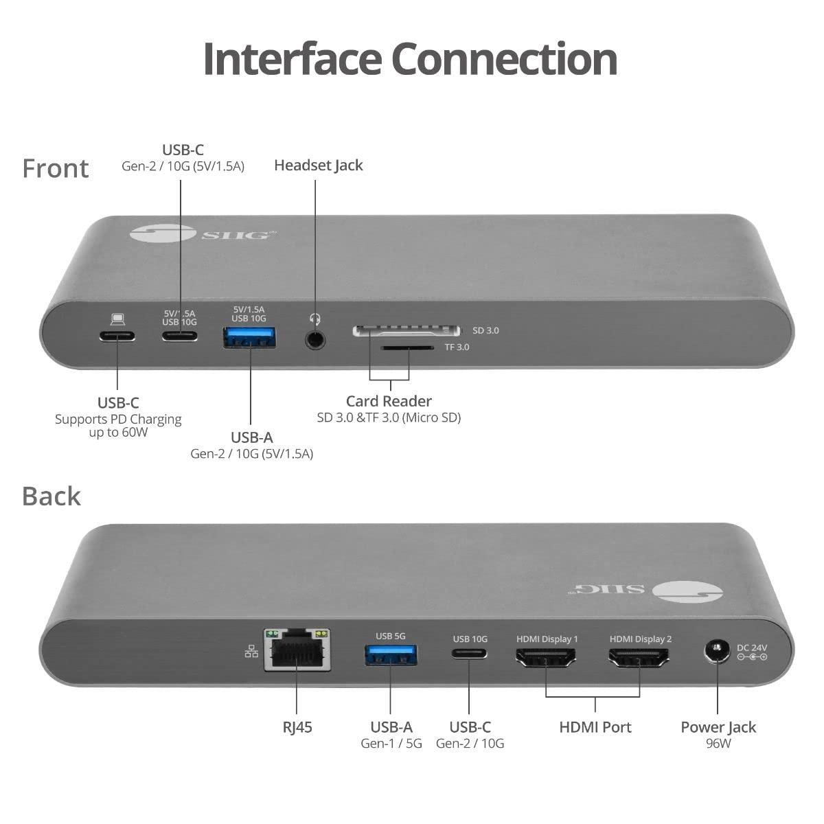 SIIG SIIG 4K USB-C MST Docking Station Dual 4K60Hz Display for Windows Laptops, Thunderbolt 3 Compatible, 60W PD, HDMI, Ethernet, SD/TF 3.0, USB 10G, Audio, Vertical/Horizontal Design (JU-DK0N11-S1)