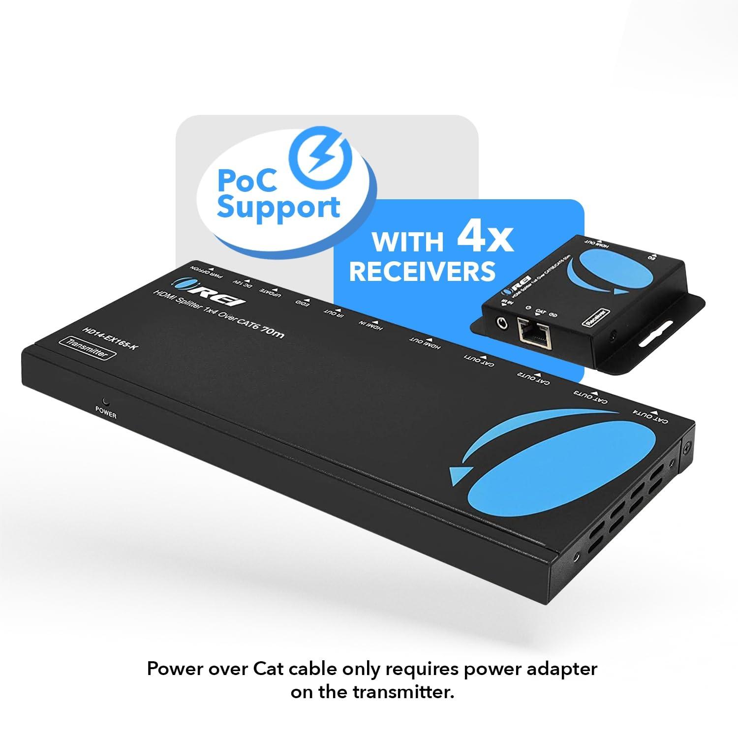 OREI OREI 4K 1x4 HDMI extender splitter over CAT6/7 ethernet cable up to 4K@30Hz upto 165 ft-1080P, IR control, EDID, HDMI loop out (HD14-EX165-K)