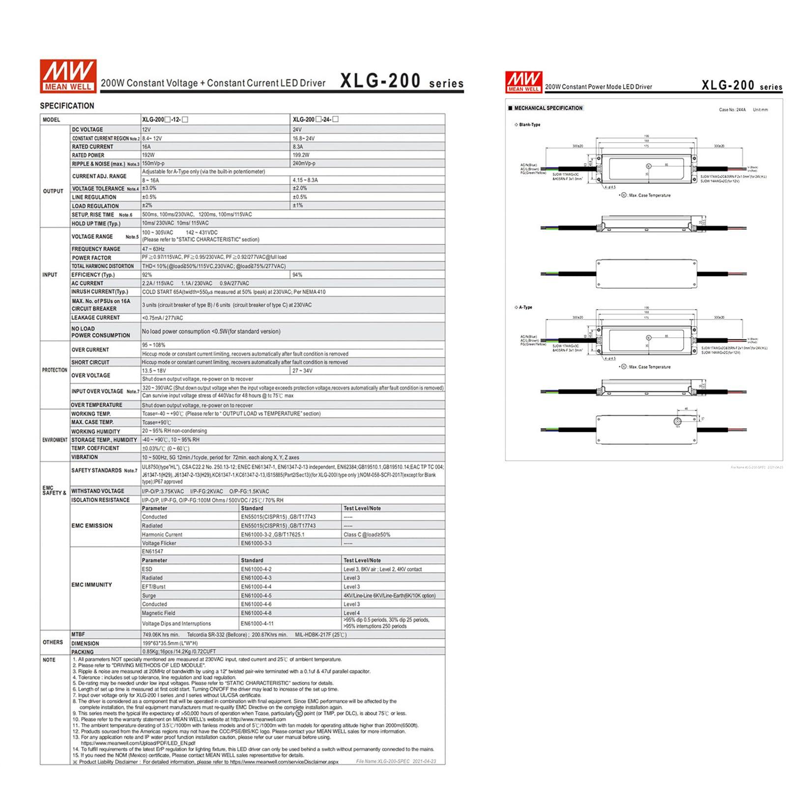 YS powered by MW XLG-200-24-A 24V 8.3A 200W IP67 LED Driver for Outdoor & Architectural Lighting