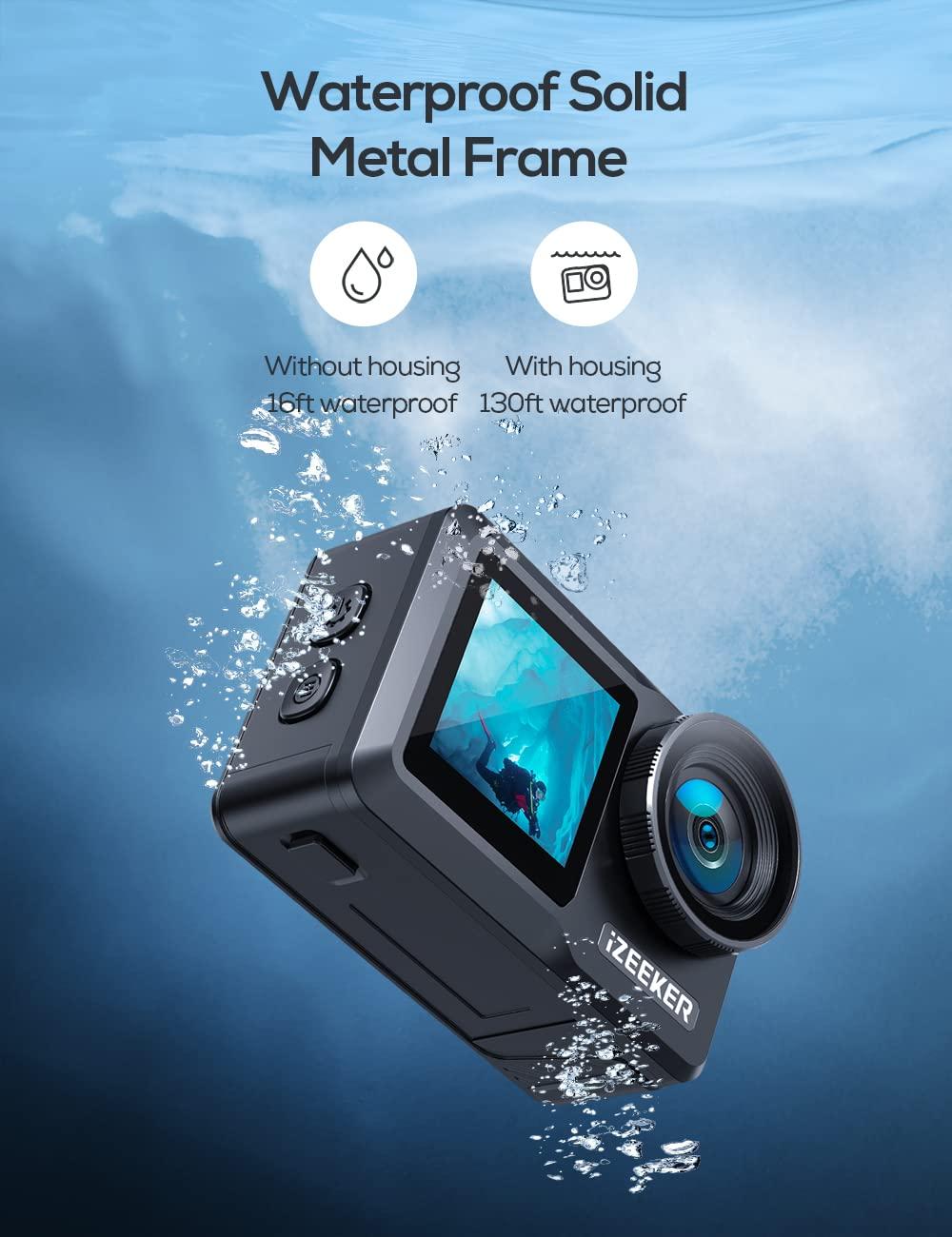 iZEEKER iZEEKER Action Camera 4K 60FPS with Touchscreen, 40M Underwater Camera Waterproof, Dual Screen Vlog Camera with EIS, WiFi, Remote Control with 2X 1350mAh Batteries, Battery Charger and Accessory Kit