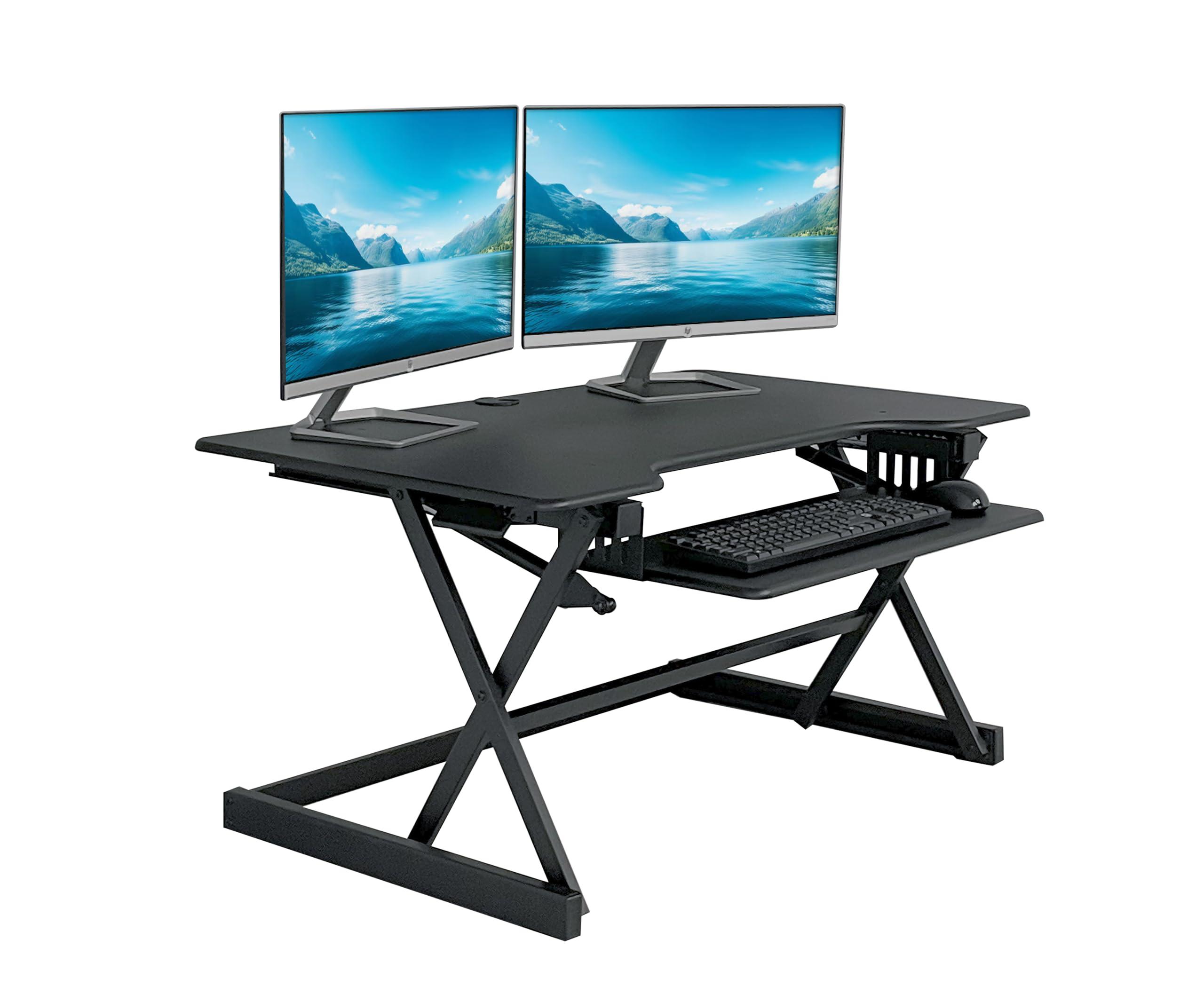 Rocelco Rocelco 40" Height Adjustable Standing Desk Converter with AC Outlet USB Charger and Anti-Fatigue Floor Mat - Sit Stand Up Tabletop Riser - Sliding Keyboard Tray - Black (R DADRB-40-ACUSB-MAFM)