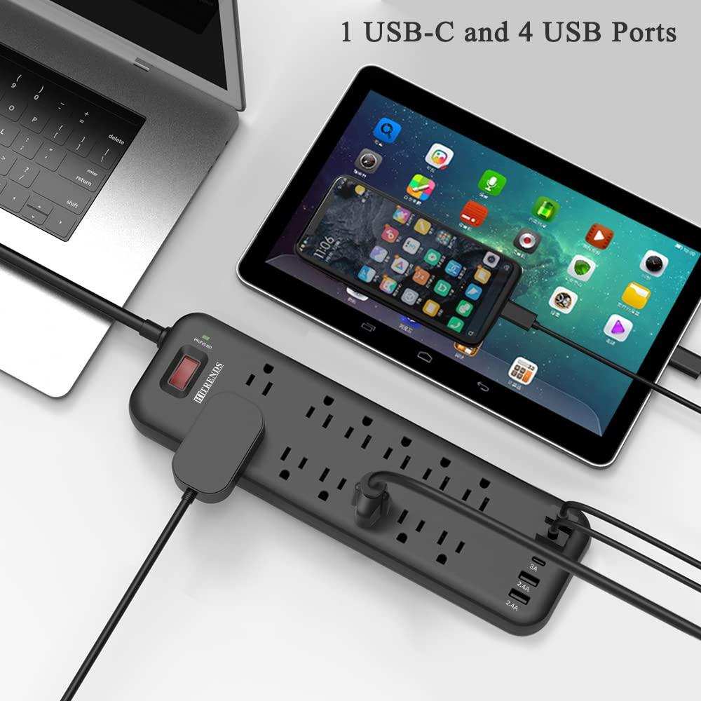 HITRENDS Power Strip Surge Protector with 12 Outlets & 4 USB Ports & 1 USB-C Port (5V/3A) & Twin Extension Cord Power Strip - 12 Feet Cord - 6 feet on Each Side
