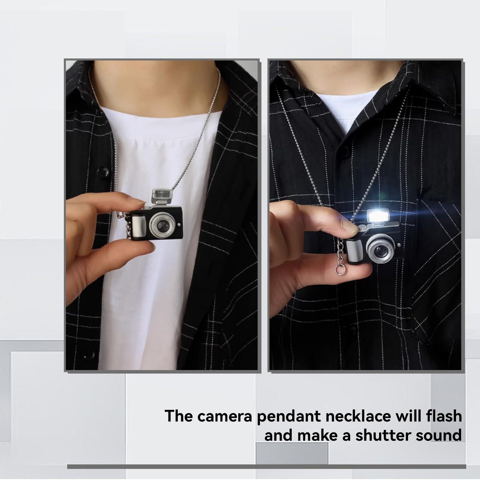 Cyrank Spy Camera Necklace, Hidden Camera Necklace Hip Hop Style Flash Small Camera Pendant Necklaces Glowing Camera Chains for Men Women(Black)