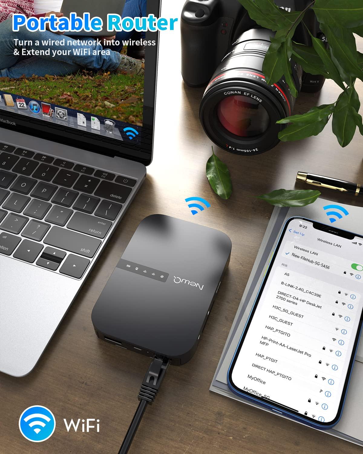 NEWQ NewQ Filehub AC750 Travel Router: Portable Hard Drive SD Card Reader & Mini WiFi Range Extender for Travel | Wireless Access External Harddrive & USB Storage Device to Backup Photo & Files from iPhone