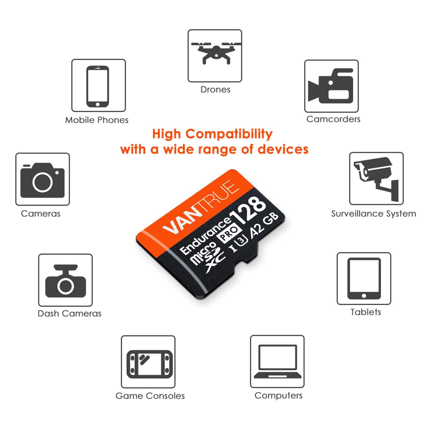 VANTRUE Vantrue 128GB U3 microSDXC UHS-I 4K UHD Video Monitoring Memory Card with Adapter for Dash Cams, Body Cams, Action Camera, Other Surveillance & Security Cams