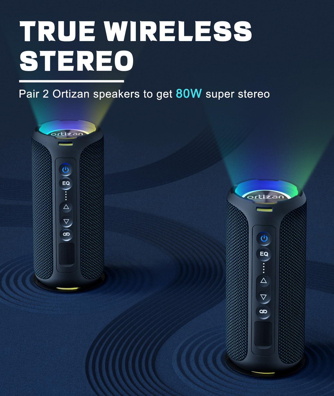 Ortizan Ortizan Bluetooth Speakers, 40W Loud Sound, Wireless Stereo, IPX7 Waterproof, Extra Bass, LED Light, BT5.3, Portable Compact Speaker for Shower/Outdoor/Beach/Home, Gifts for Adult, Navy