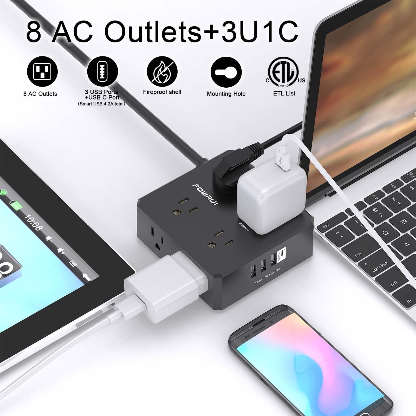 POWRUI Surge Protector Power Strip - 10 Ft Flat Plug Extension Cord with 8 Widely Outlets and 4 USB Ports(1 USB C), 3 Side Outlet Extender for Home Office, Black, ETL Listed
