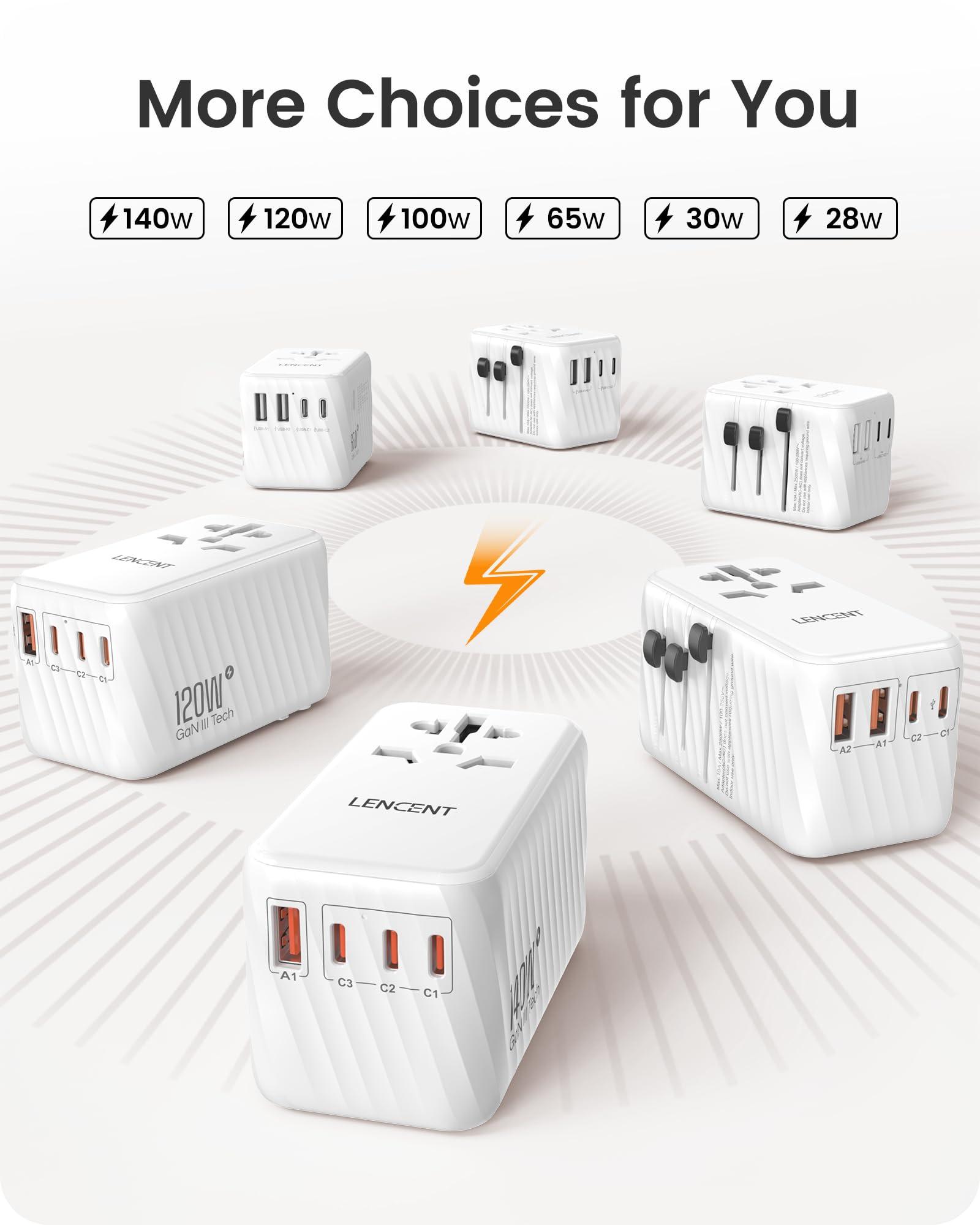 LENCENT LENCENT 140W Universal Travel Adapter, International Plug Adaptor, GaN Fast Charger with 3 PD3.1 Type C+1 QC USB A, All in One Travel Essentials, Worldwide Plug Adapter for USA/UK/EU/AU, White