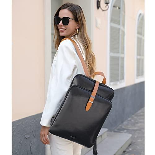 CLUCI CLUCI Genuine Leather Laoptop Backpack for Women 15.6 Inch Laptop Backpack Purse Travel Business Large Vintage College Work Backpack Shoulder Bags Black