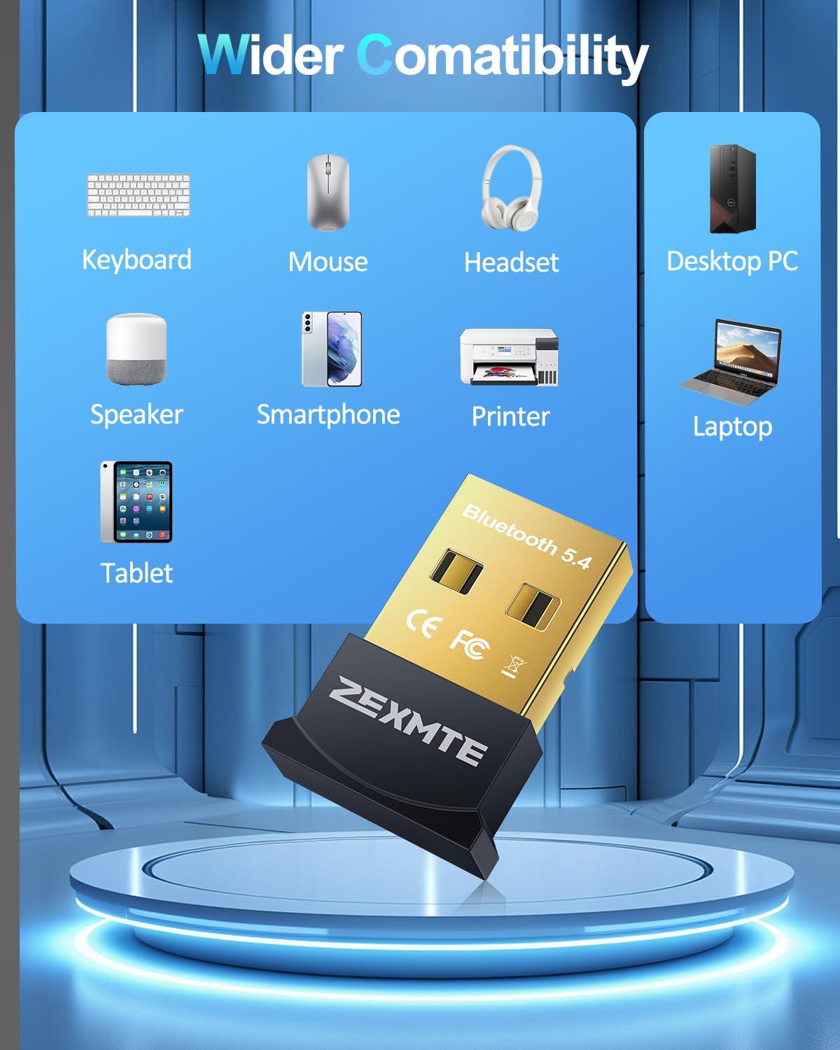 ZEXMTE ZEXMTE USB Bluetooth Adapter for PC, 5.4 Bluetooth Dongle, Plug-and-Play for PC, Laptop, Mouse, Keyboard, Headsets, Speakers, Support Windows 11/10/8.1/7