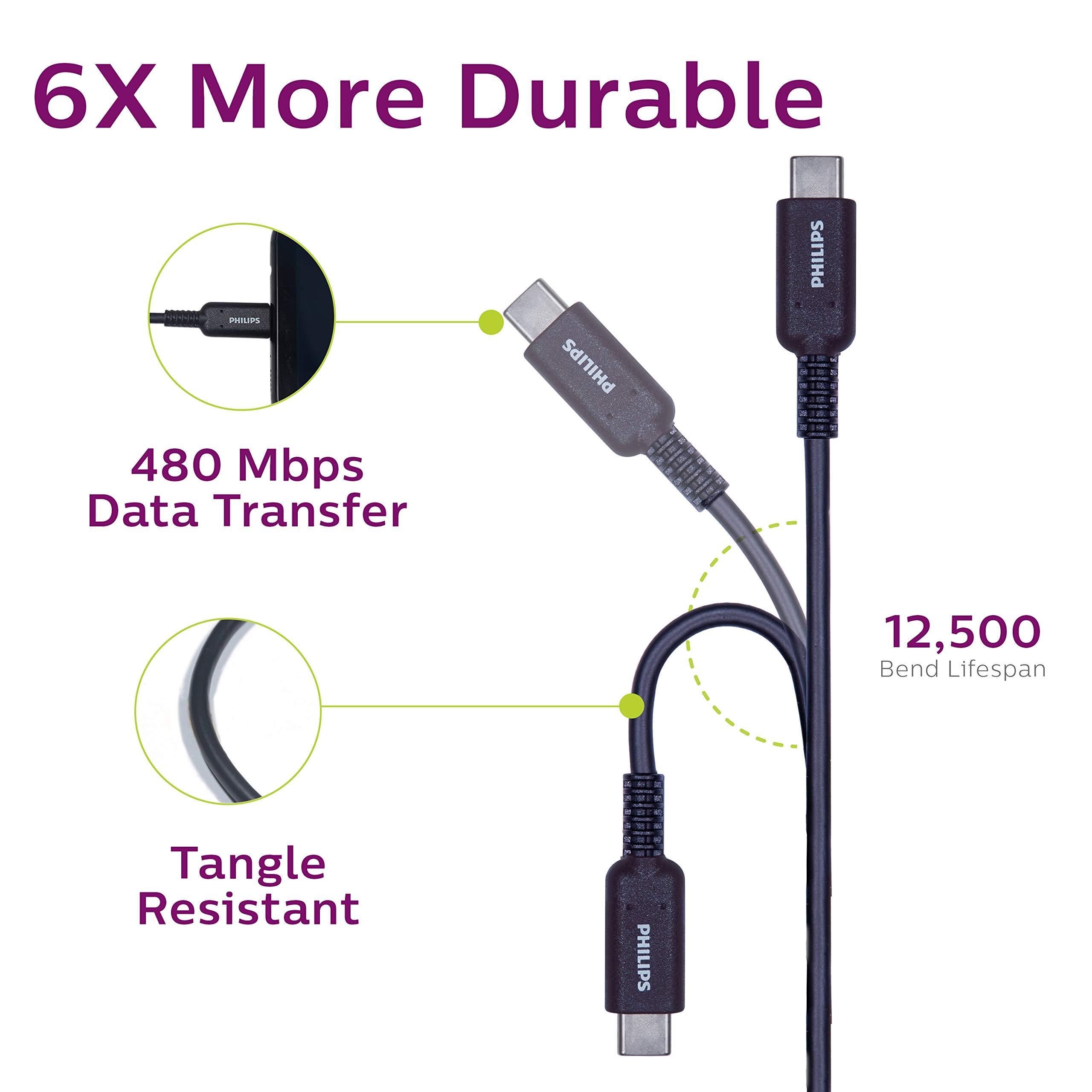 PHILIPS PHILIPS USB C to USB C Cable, 6 Ft 60W Laptop Charger Type C Fast Charging Cable for iPhone 16 Series, 15 Series, iPad Pro, MacBook Charger Cord, USB C Laptop Power Cord Fast Charging, DLC4106C/37
