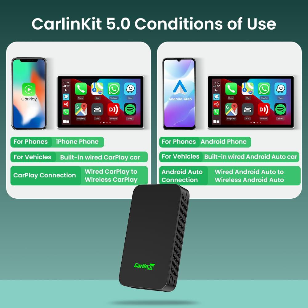 Carlinkit CarlinKit 5.0 Wireless CarPlay Adapter - Wireless Android Auto Car Adapter Adoption Chip 5G WiFi 5.8 GHZ | Stable & Fast Connection | Easy Operate | Small Size | Light Weight | Black(2air)