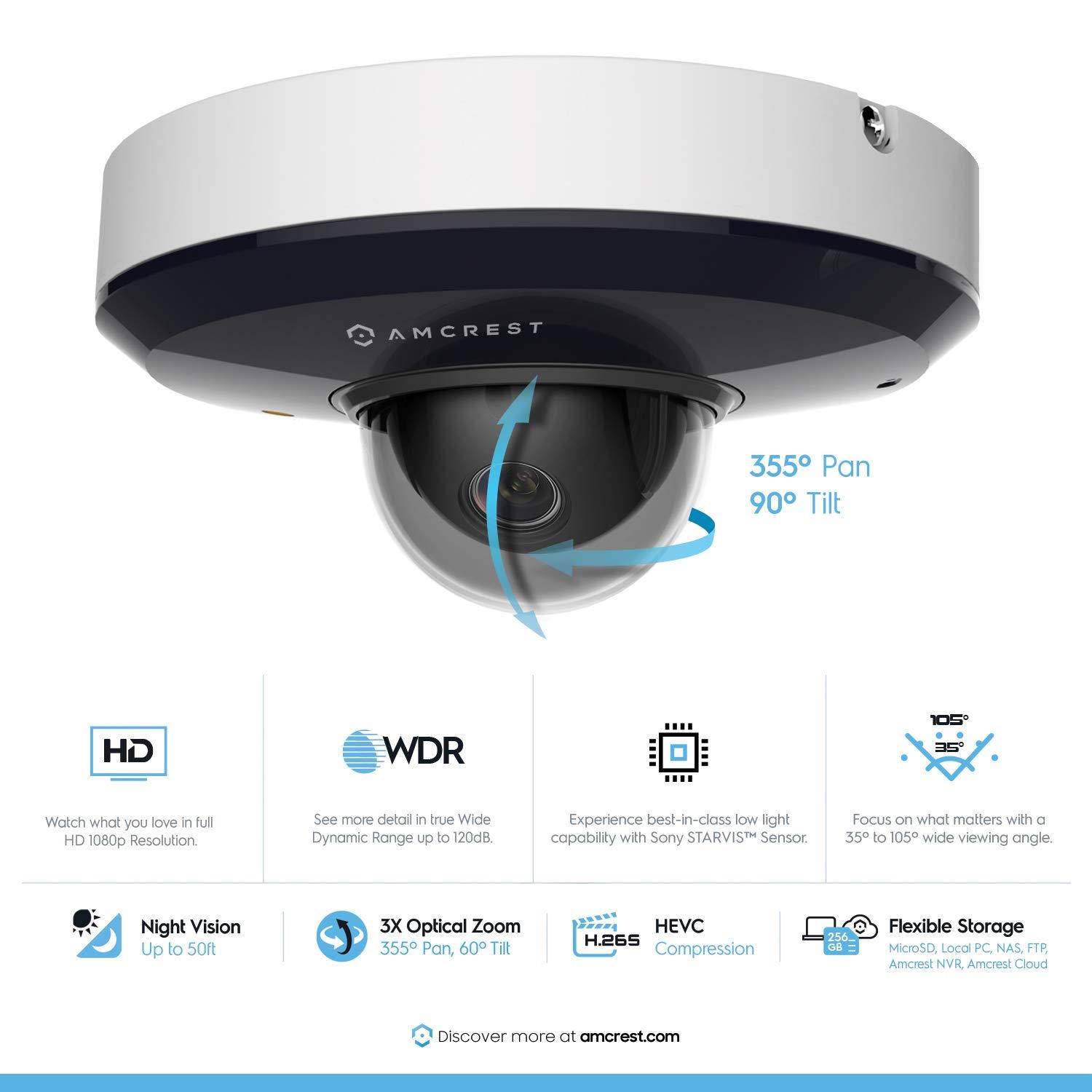 Amcrest Amcrest ProHD 1080P PTZ Camera Outdoor, 2MP Outdoor Vandal Dome IP PoE Camera (3X Optical Zoom) IK08 Vandal-Proof, IP66 Weatherproof, Night Vision up to 49ft, Pan/Tilt (IP2M-866EW) (White) (Renewed)