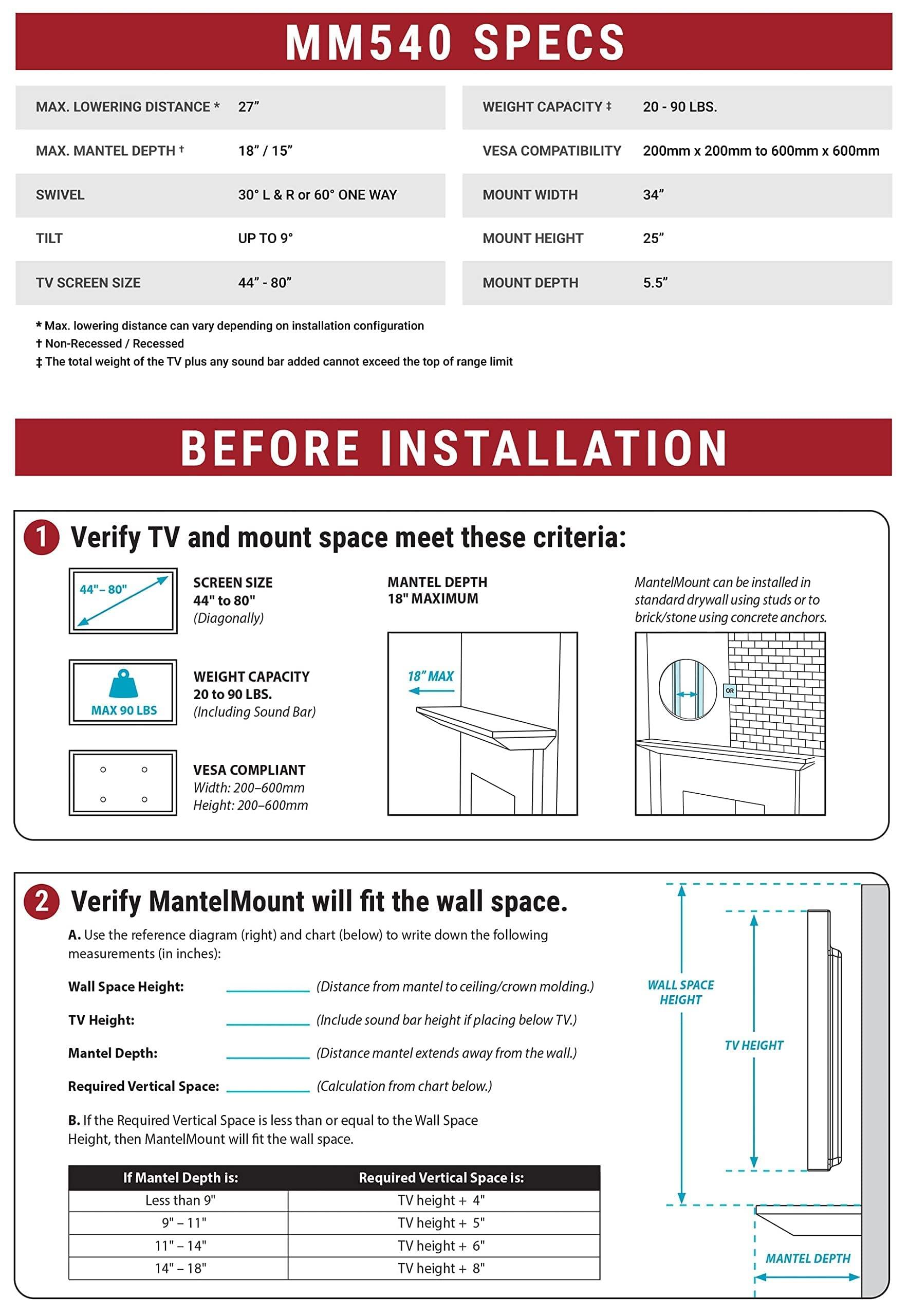 MantelMount MantelMount MM540 - Above Fireplace Pull Down TV Mount for 40" to 80" Screen TVs to 90 lbs, with Patented auto-straightening, Adjustable Stops, Heat Sensor Handles & Paintable Covers