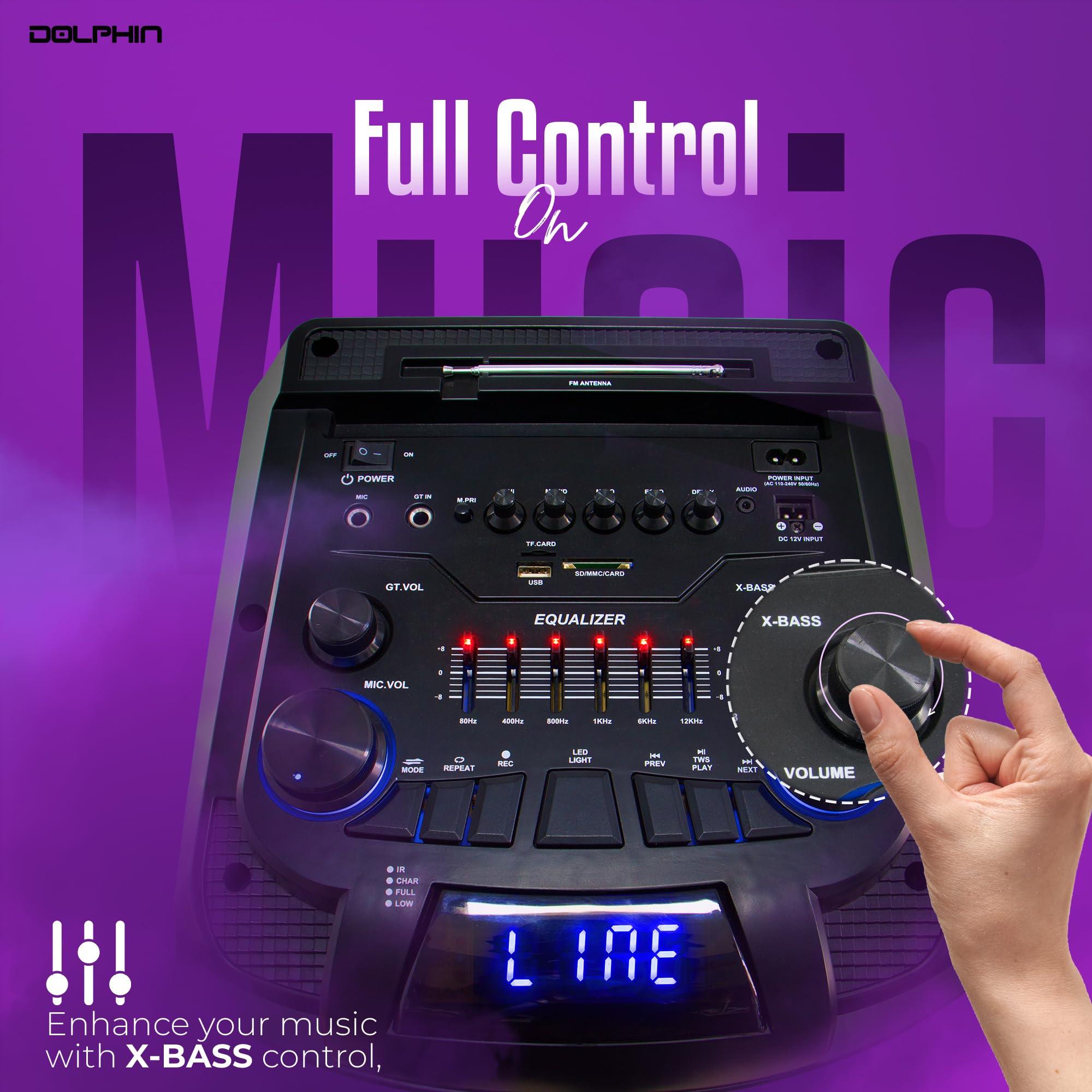 Dolphin Dolphin High-Power Portable Party Bluetooth Speaker Wooden Cabinet, X-BASS, LED Lights, Wireless Microphone Ideal for Parties, Tailgating, and Events