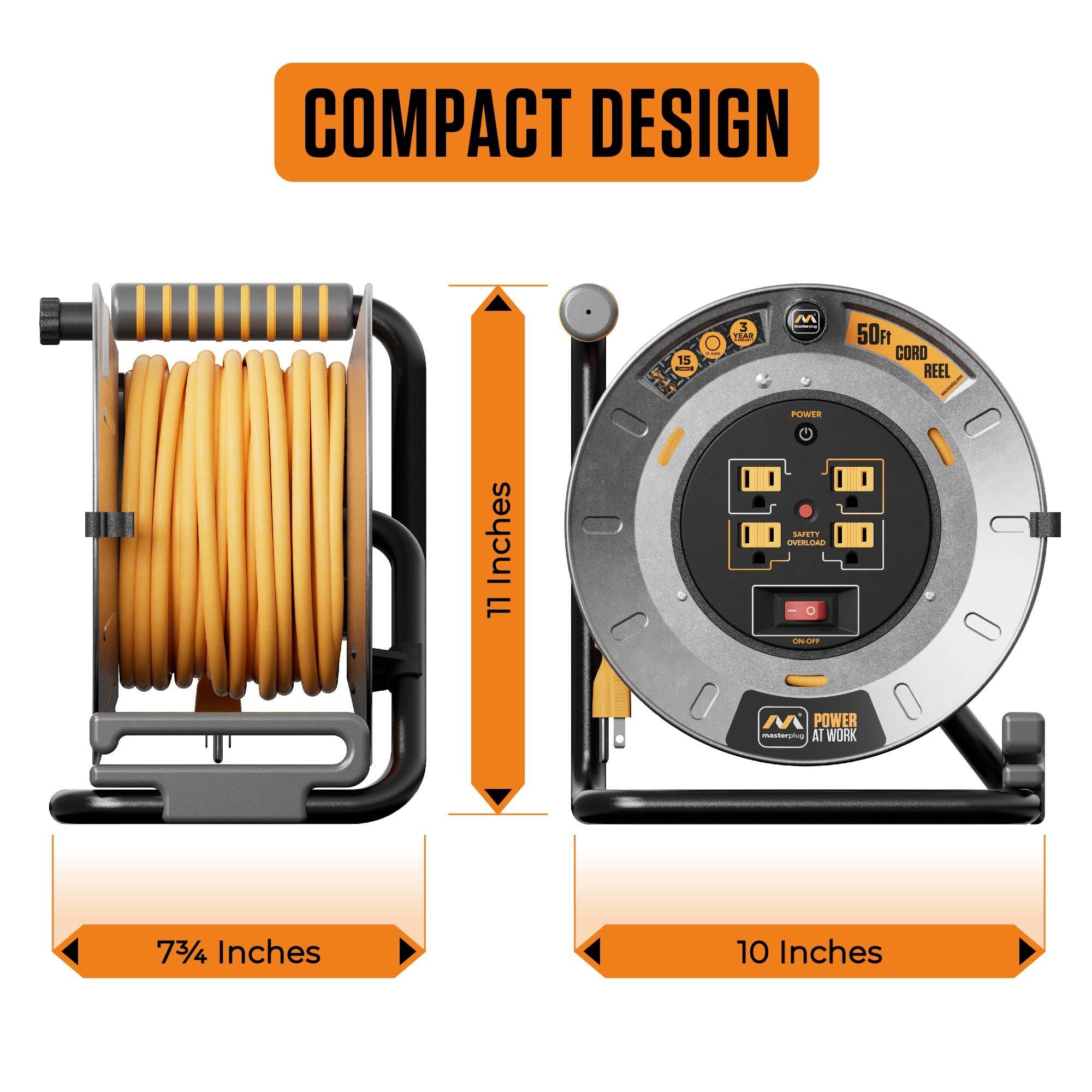 Masterplug Masterplug 50ft Cord Reel, Metal Steel Cable Drum, Retractable Extension Lead with Winding Handle, Safety Overload Circuit Breaker and Power Switch, 4x Grounded Outlets, 15amps, 12AWG Cable