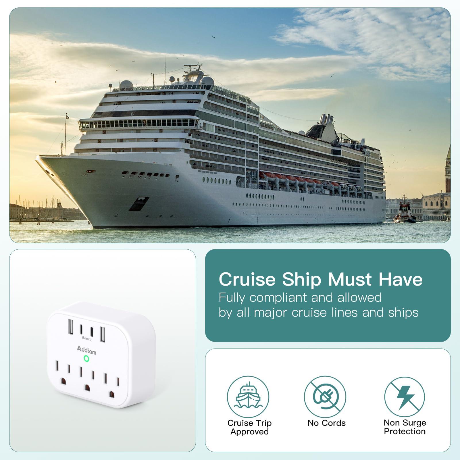 Addtam Cruise Ship Essentials - Cruise Approved Power Strip Non Surge Protector, Travel Plug Adapter with 3 Outlets 4 USB (2 USB-C), Foldable Outlet Extender for Travel Cruise Must Have