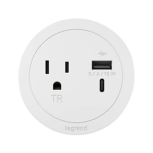 Wiremold Legrand Wiremold RFPCRUAUC-WH10 Round Furniture Power Center with USB, 1 Outlet, Type A/C USB, 10 Foot Cord, White