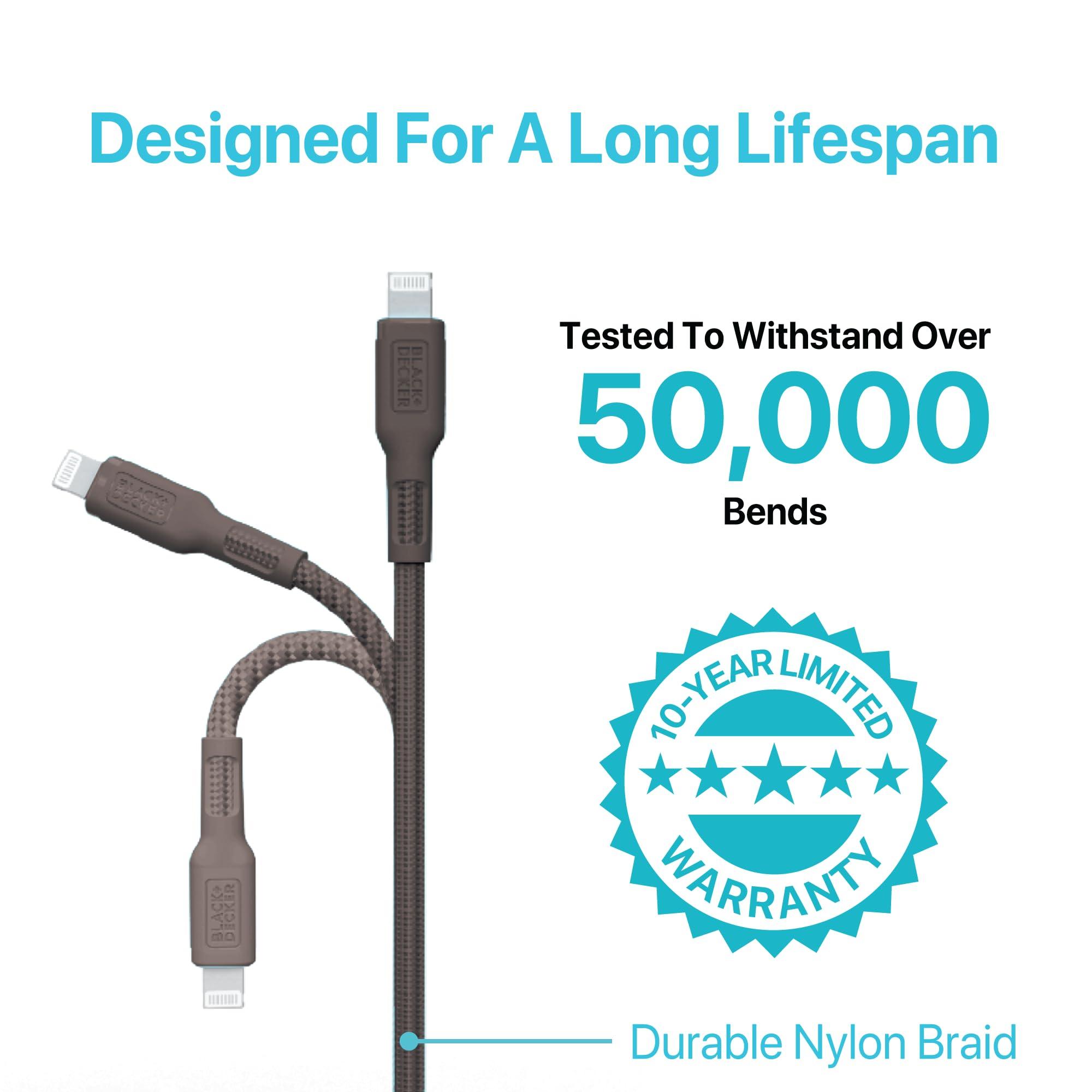 BLACK+DECKER BLACK+DECKER Lightning to USB Cable - Fast Compatible iPhone Lightning Cable - Durable Braided iPhone Charger Cord - for Travel and Daily Use - Multiple Color + Length Options - 6ft