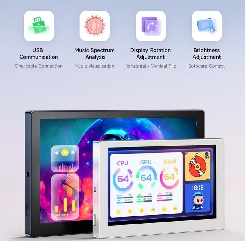 waveshare waveshare 5inch USB Monitor IPS Panel 800x480 Resolution, PC Case Secondary Screen/Desktop RGB Ambient Screen Supports Music Spectrum Analysis Function CNC Metal Case Type-C Interface, Silver