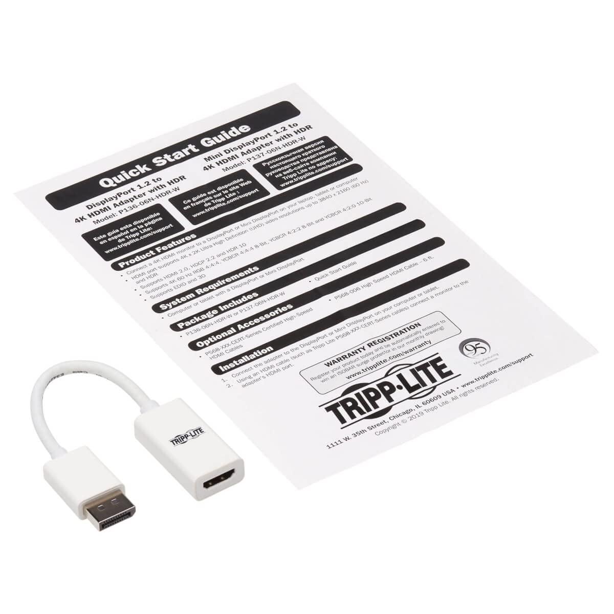 Tripp Lite DisplayPort to HDMI Active Adapter 4K M/F White DP to HDMI 6in