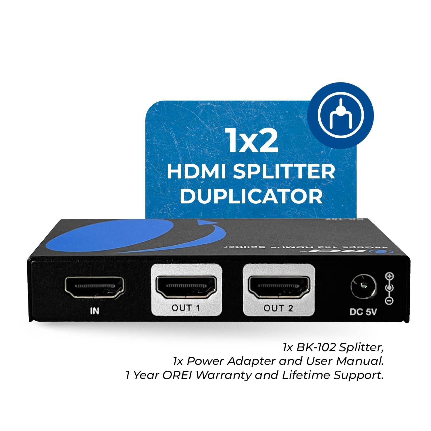 OREI OREI 8K HDMI Splitter 1 in 2 Out, Duplicate/Mirror HDMI Signal UltraHD Supports Upto HDMI 2.1 Splitter 4K@120Hz EDID Management HDCP 2.3 - BK-102