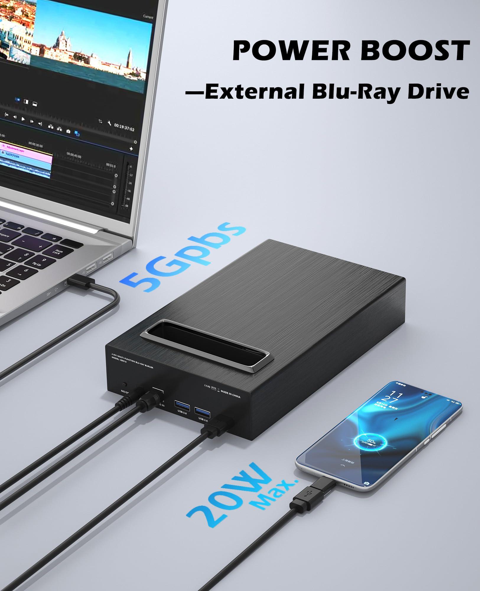 Wbacon 4 in 1 External Blu Ray Drive, 16X Blu-ray, 16X DVD, 48X CD Read/Write with SATA I/II/III Interface, USB 3.0 Type C External Bluray Burner for Laptop DVD Burner Compatible with Windows XP/7/8/10/11