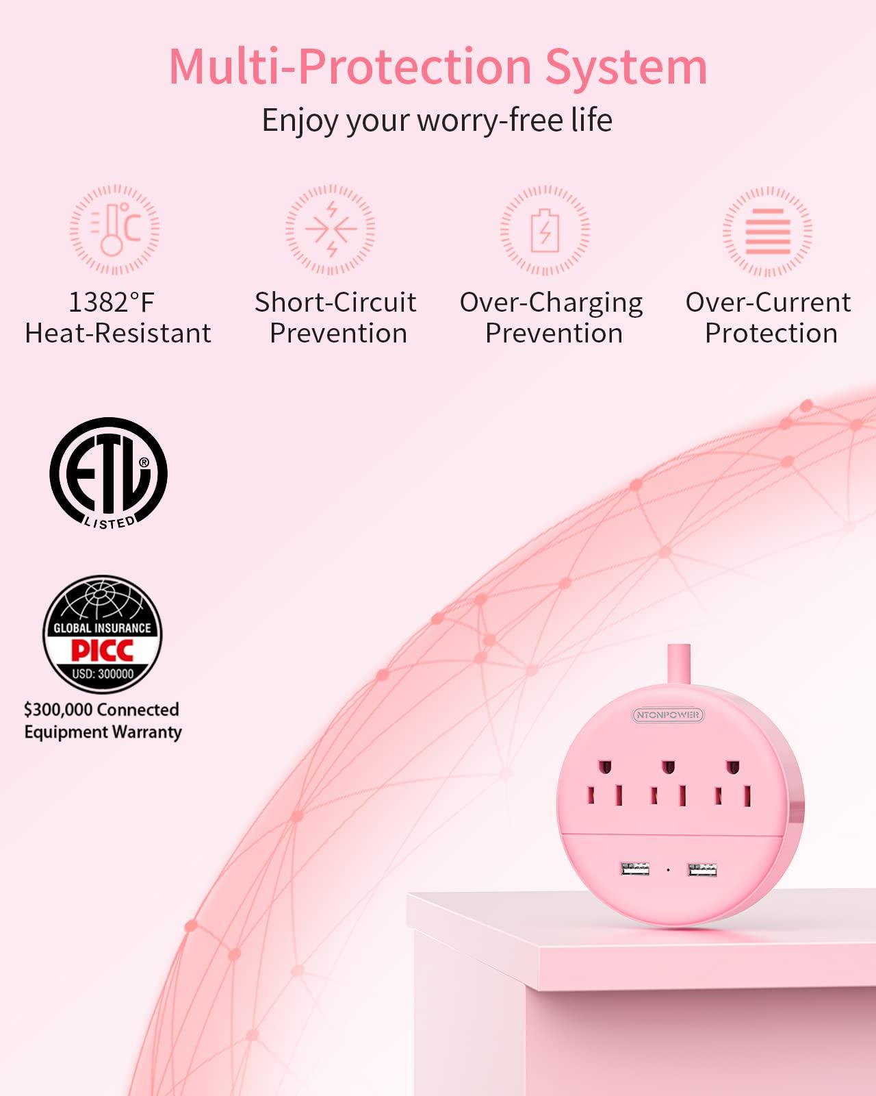 NTONPOWER Pink Extension Cord 15ft, NTONPOWER Flat Plug Power Strip with Long Extension Cord, 3 Outlet 2 USB Desktop Charging Station Wall Mount for Home, Dorm Room, Office and Nightstand, ETL Listed