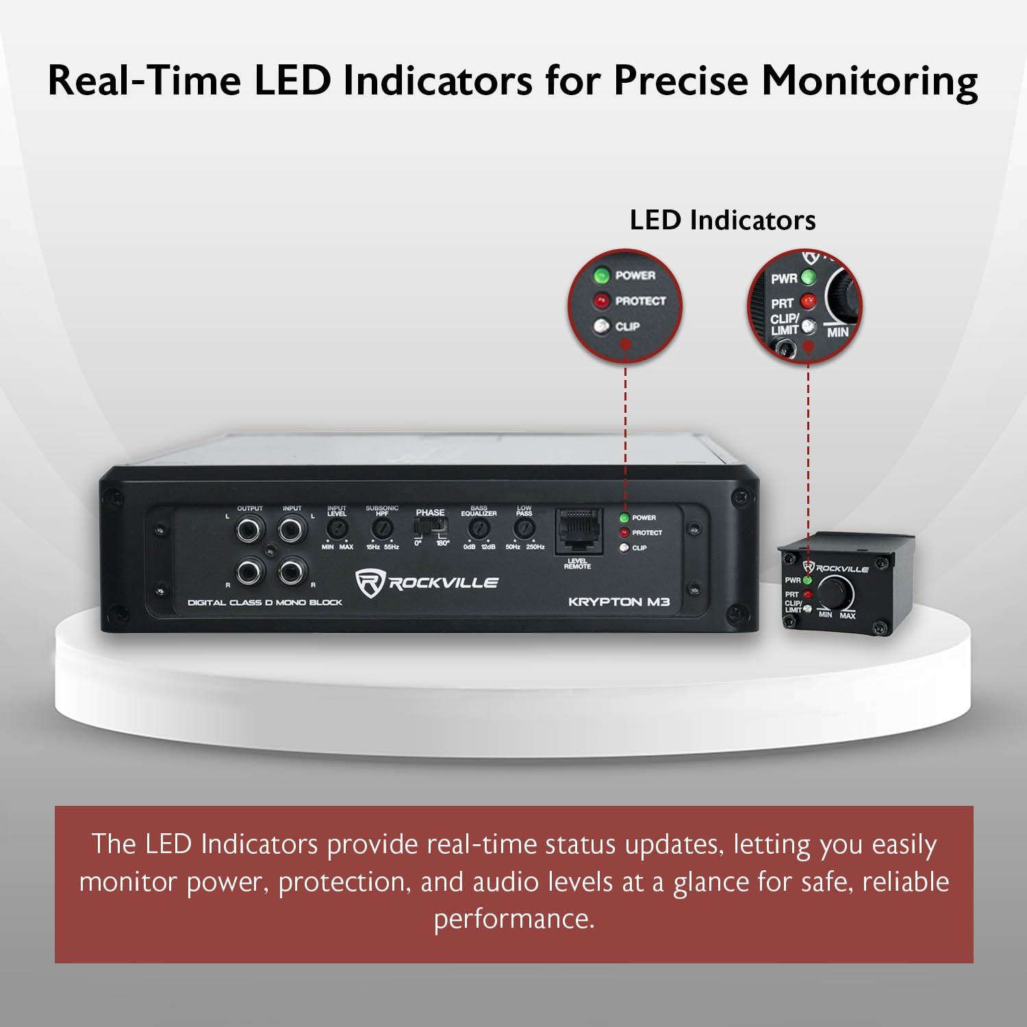 Rockville Rockville Krypton M3 4000W Mono Car Amplifier, Dyno-Certified RMS, Voltage Display, Bass Remote, Clip Indicator, Class-D, Perfect for Car Audio & Subs