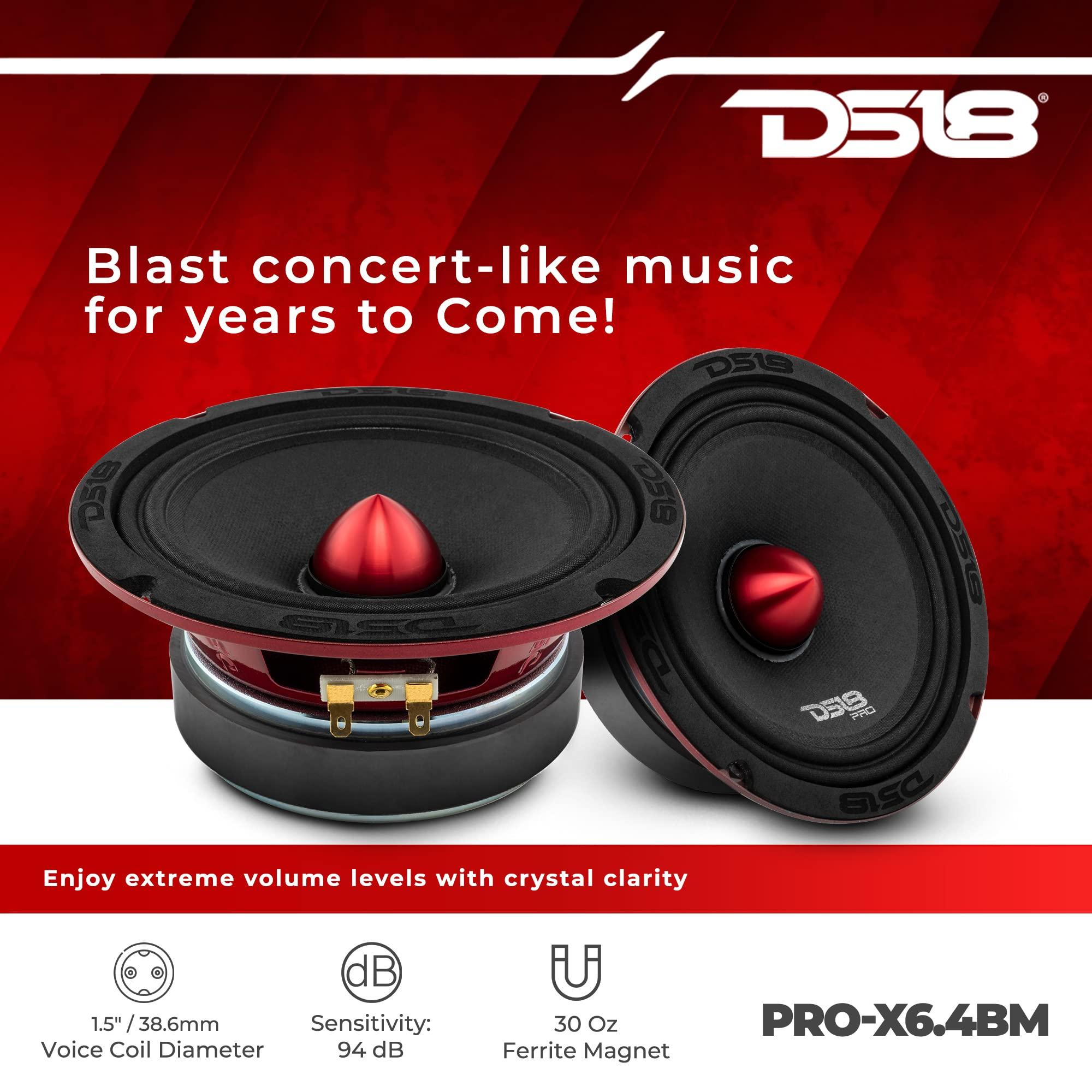 DS18 DS18 PRO-X6.4BM Loudspeaker 6.5\" Midrange Red Aluminum Bullet 500W Max 250W RMS 4 Ohms - Speaker Wire 16GA 100 FT Included - Car Audio Door Speakers for Car or Truck Stereo Sound System - 2 Speakers