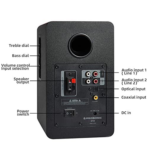 P Prosonic Prosonic BT30(2023 Version) Active Powered Bluetooth Bookshelf Speakers, Studio Monitor, Home Theater, Turntable with Optical Input, Coaxial Input, 2X RCA Aux Line Input, 80 Watts, (Black)