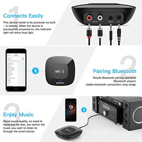 esinkin esinkin Bluetooth Receiver Wireless, NFC-Enabled Audio Adapter 4.0 for HD Home Stereo Music Streaming Sound System for 3.5mm (AUX and RCA)