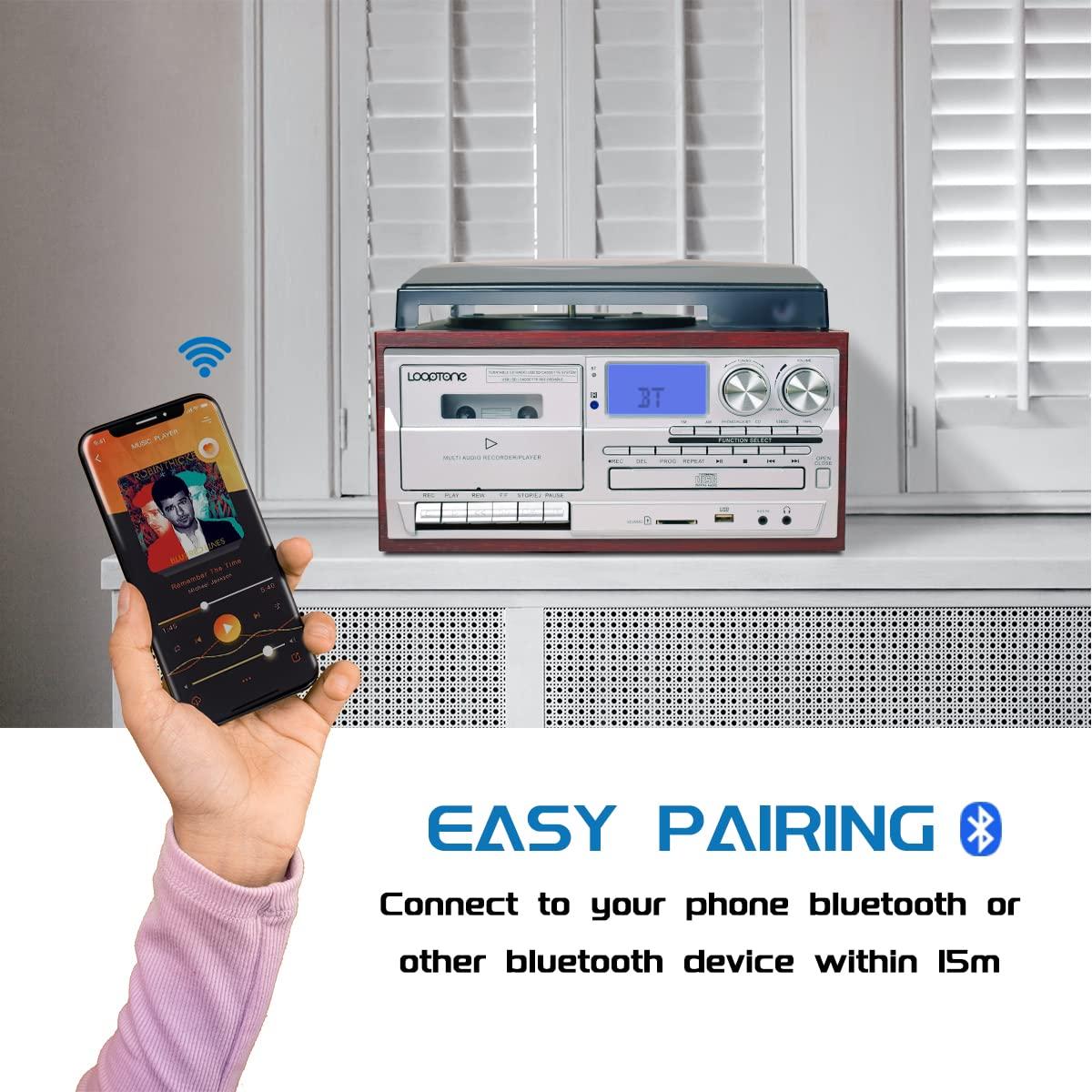 LOOPTONE LoopTone Vinyl Record Player 9 in 1 3 Speed Bluetooth Vintage Turntable CD Cassette Player AM/FM Radio USB Recorder Aux-in RCA Line-Out (Silver)