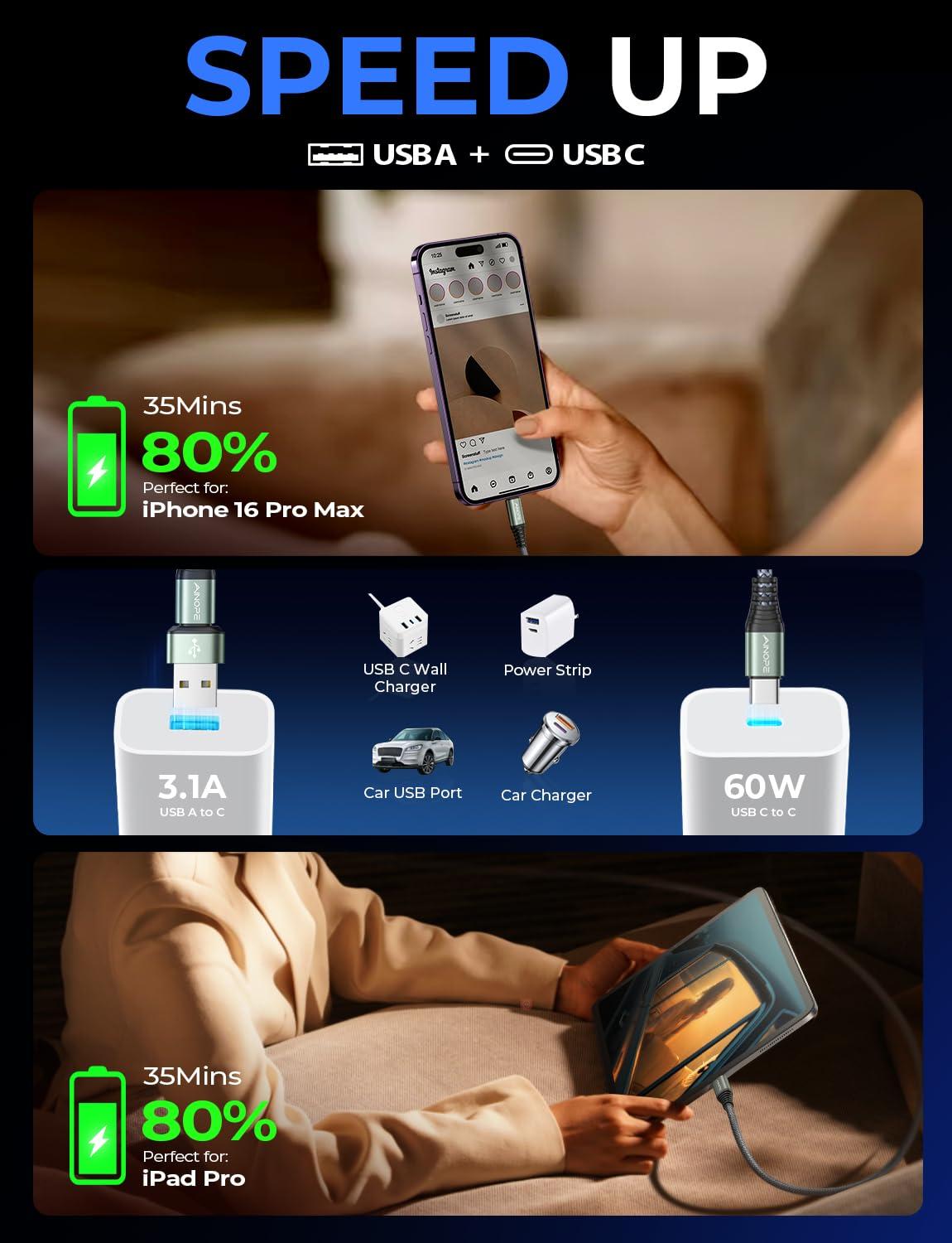 AINOPE AINOPE USB C to USB C Cable, 10 FT USB C Cable Fast Charging with Type C to USB Adapter, 60W USB to USBC Cable for iPhone 16 Pro Max Plus 15 14 13 12 Samsung 25 Ultra iPad MacBook Switch, Grey