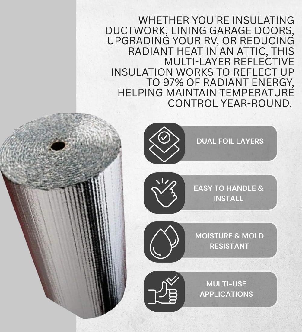 Reflectix Reflectix Reflective Radiant Barrier Insulation Roll 24" x 10' Double Bubble Foil Insulation with Aluminum Foil Layers Reflects Radiant Heat Ideal for Window Heat Blocking, Garage Doors & More