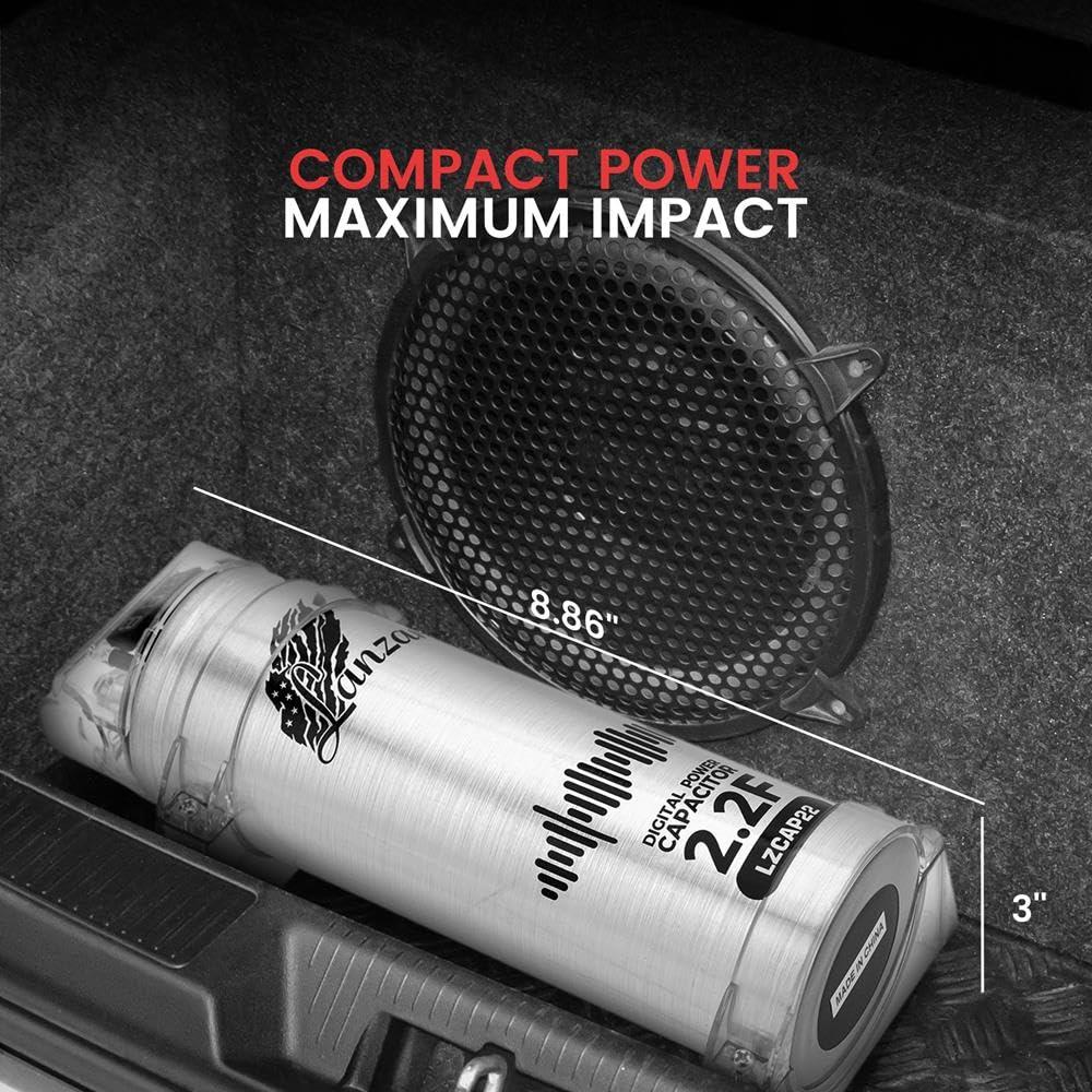 Lanzar Lanzar 2.2 Farad Digital Power Capacitor, High-Performance Car Audio Accessory with Blue Digital Display Voltage Readout and LED Flash, Over Voltage Protection, Mounting Hardware, DC 12-24V