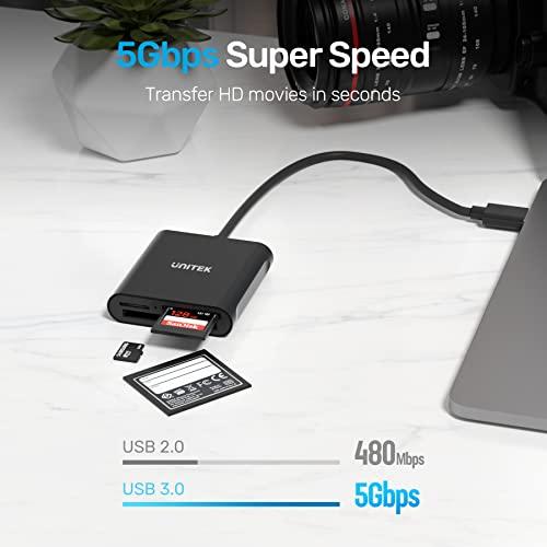 Unitek USB Card Reader, Unitek 3-Slot USB 3.0 Compact Card Reader, Read 3 Cards Simultaneously, Aluminum SD Micro SD CF Card Adapter Supports Flash Memory Card, Black