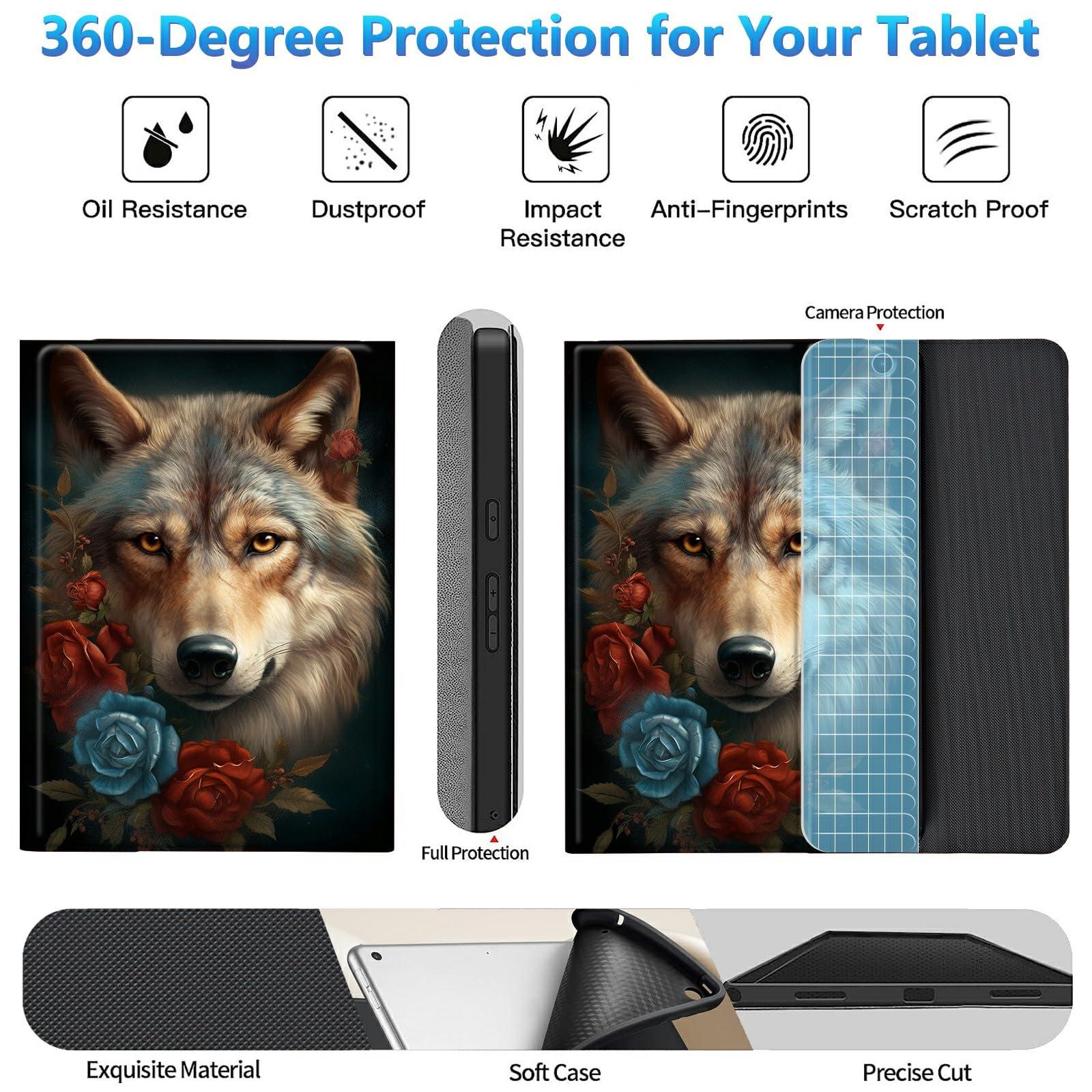 BREIDMKFM BREIDMKFM Keyboard Case for Kindle Fire HD 10 & 10 Plus Tablet (13th/11th Gen, 2023/2021 Release) 10.1", Smart Tablet Cover with Detachable Wireless Bluetooth Keyboard, Blue Red Rose Wolf